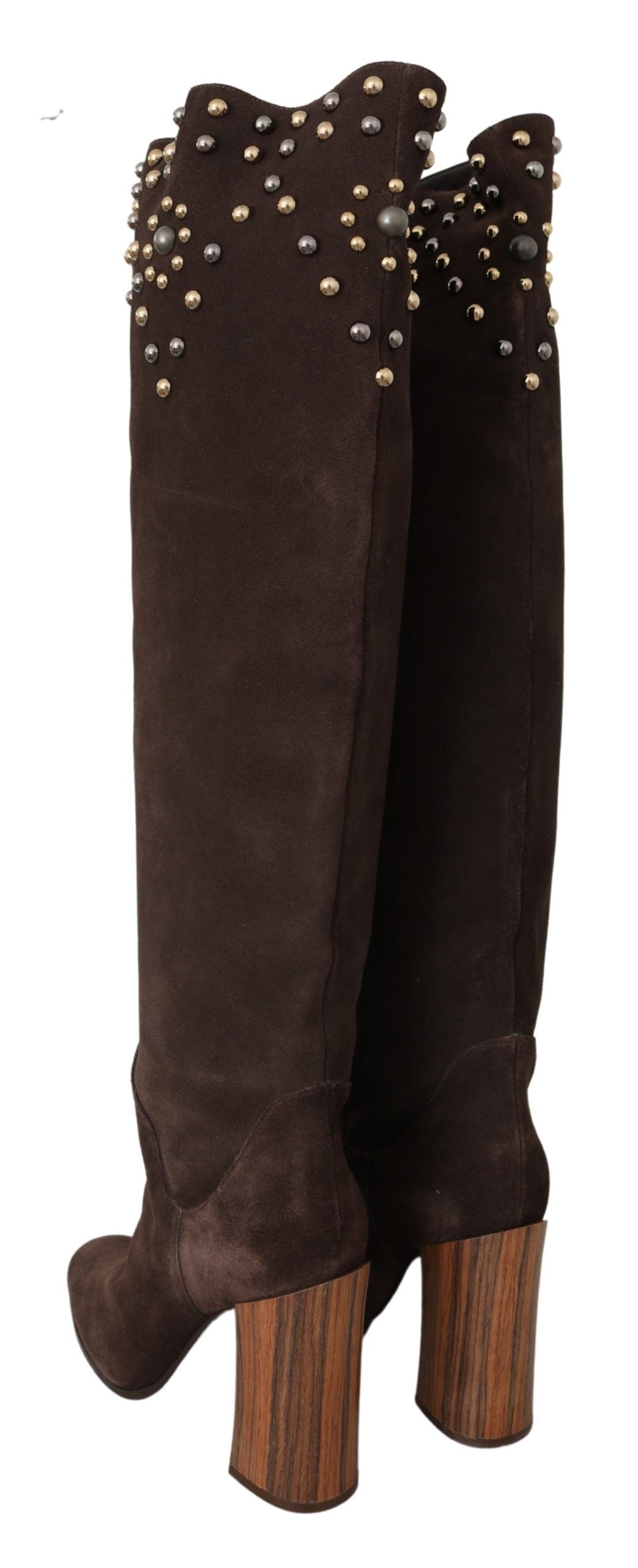 Bottines hautes au genou en daim marron à clous de Dolce & Gabbana