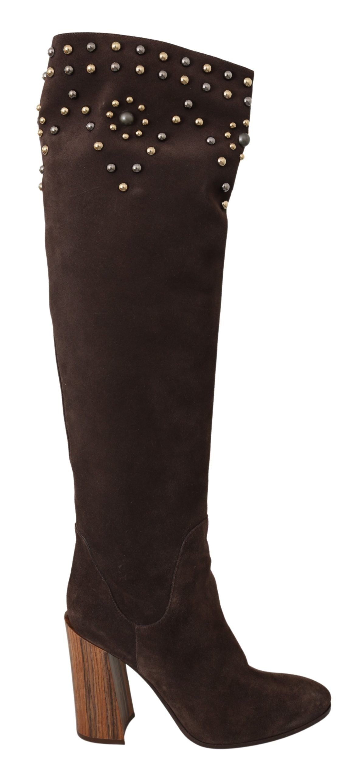 Bottines hautes au genou en daim marron à clous de Dolce & Gabbana