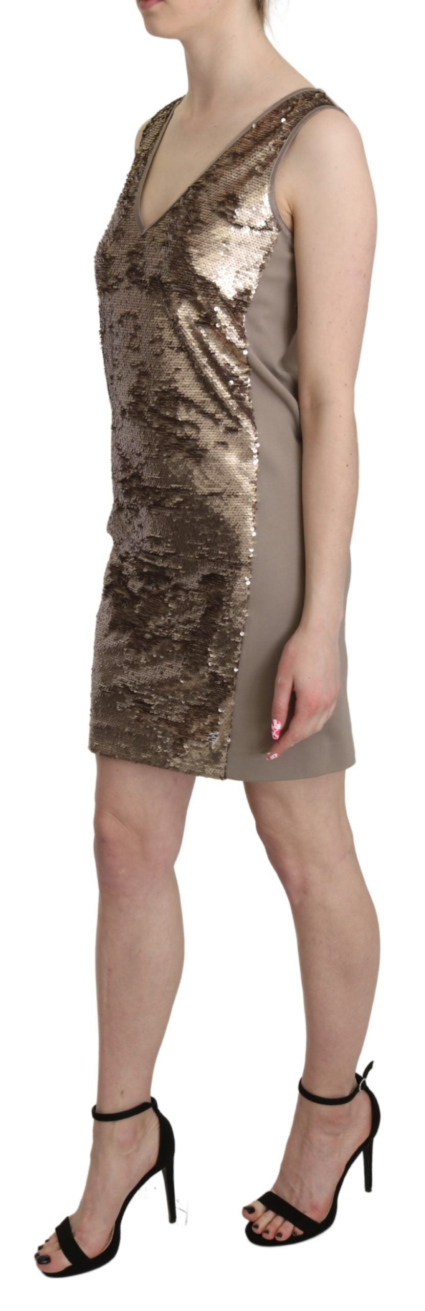 Liu Jo Robe mini moulante sans manches, col en V, pailletée, marron