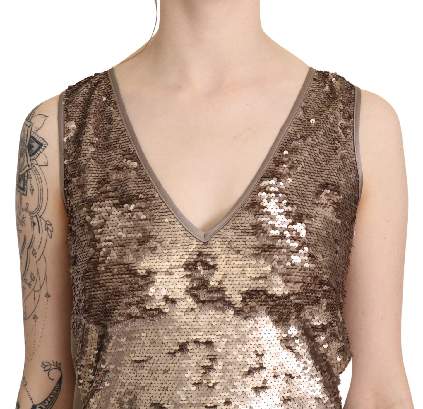Liu Jo Robe mini moulante sans manches, col en V, pailletée, marron