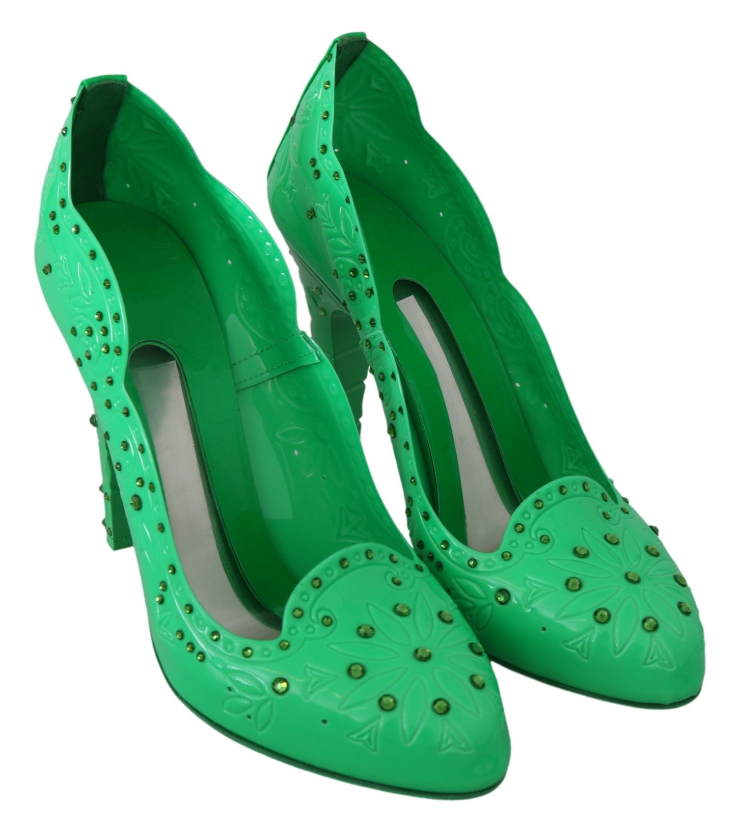 Dolce & Gabbana groene, met kristallen en bloemen versierde CINDERELLA-hakken