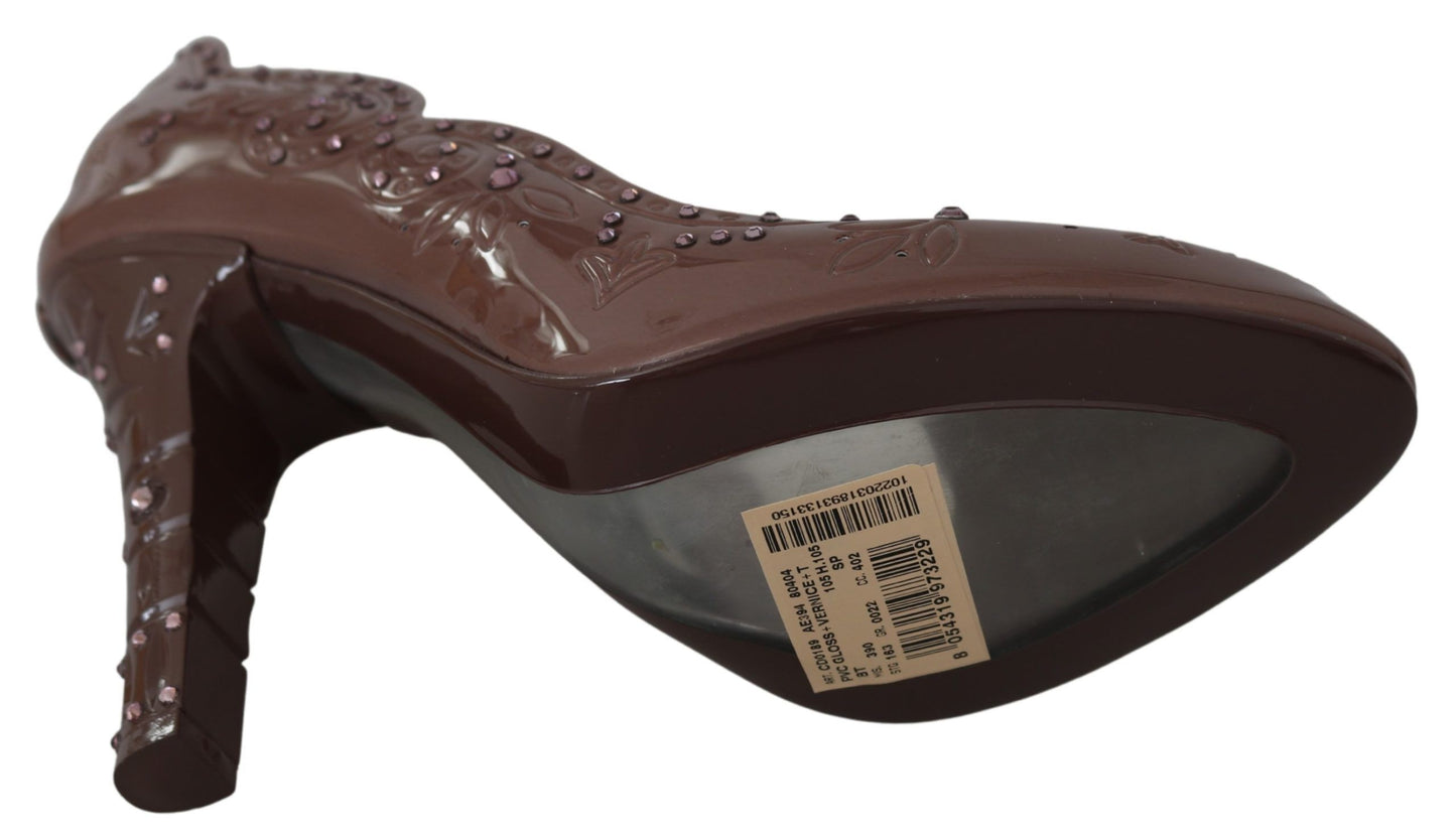 Dolce & Gabbana Bruine, bloemrijke, kristallen hakken CINDERELLA schoenen