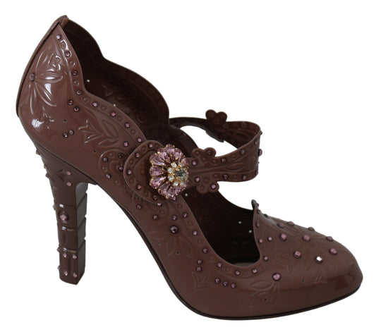 Escarpins CINDERELLA en cuir marron à fleurs et cristaux de Dolce & Gabbana