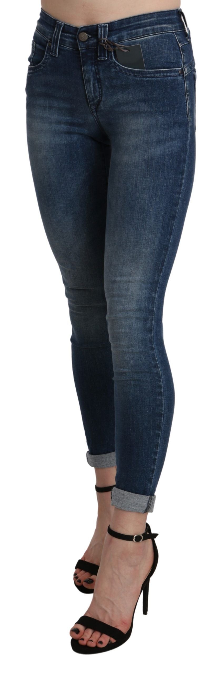 Jean skinny taille haute en coton bleu délavé, taille courte, Ermanno Scervino