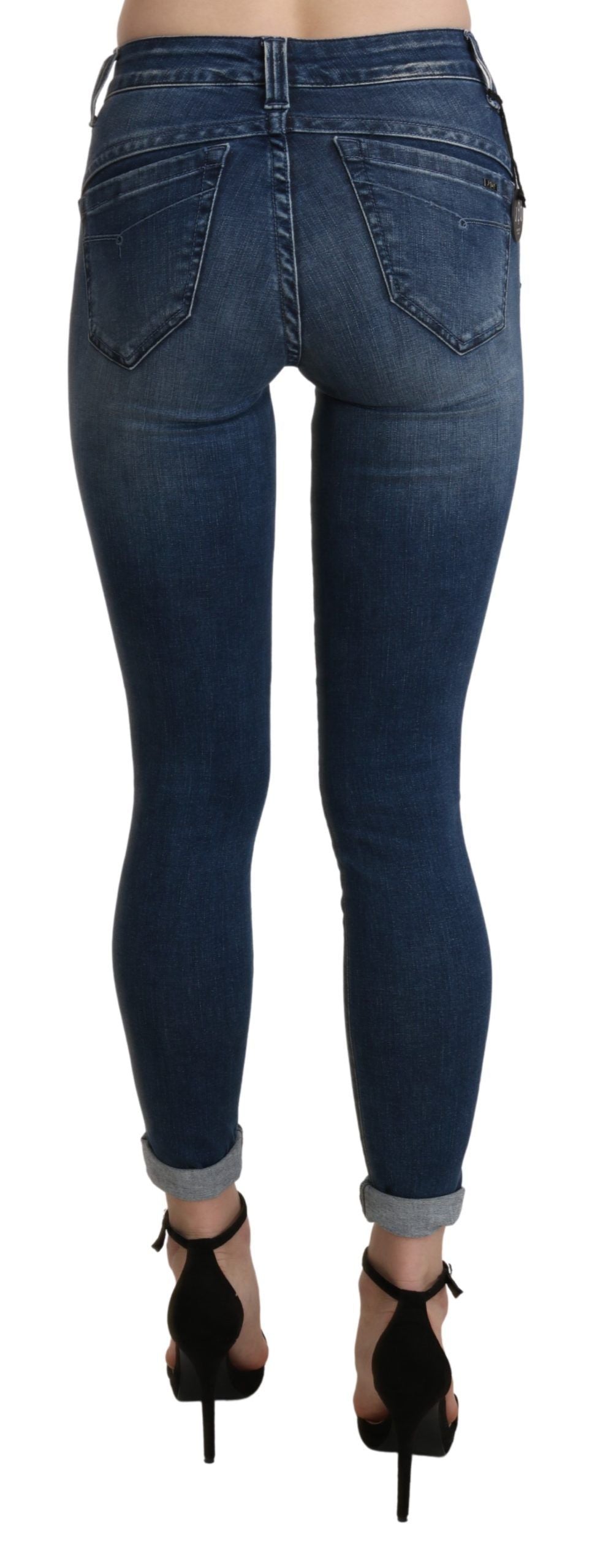 Jean skinny taille haute en coton bleu délavé, taille courte, Ermanno Scervino