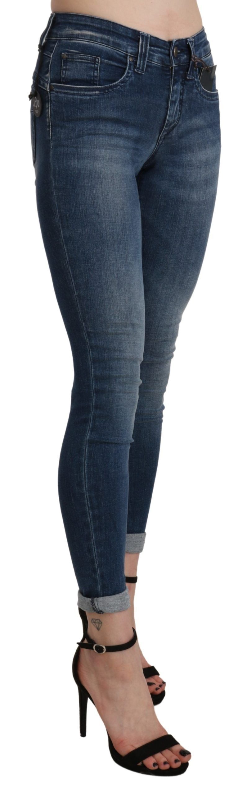 Jean skinny taille haute en coton bleu délavé, taille courte, Ermanno Scervino