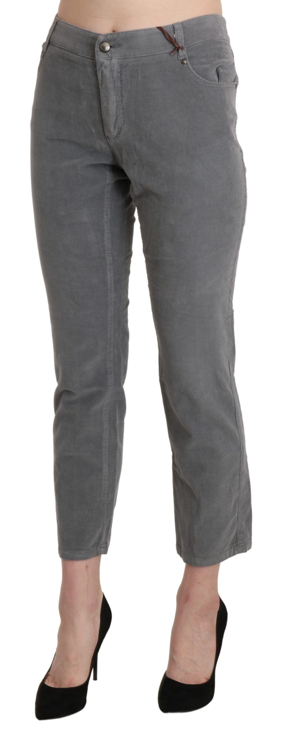 Pantalon taille haute en coton stretch gris, taille courte, Ermanno Scervino
