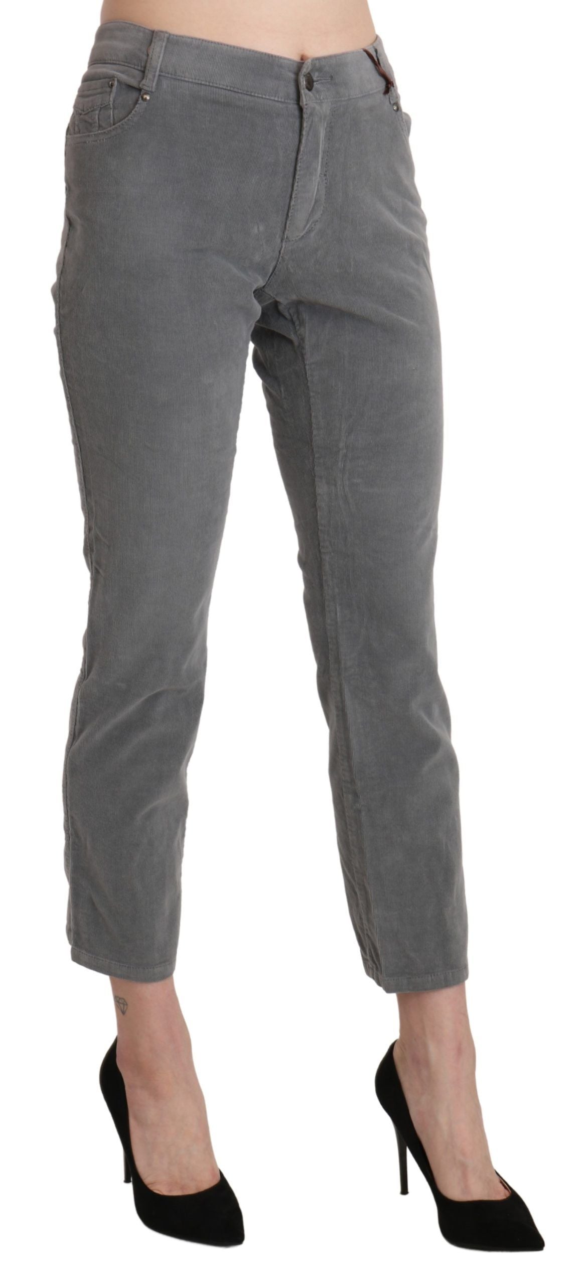 Pantalon taille haute en coton stretch gris, taille courte, Ermanno Scervino