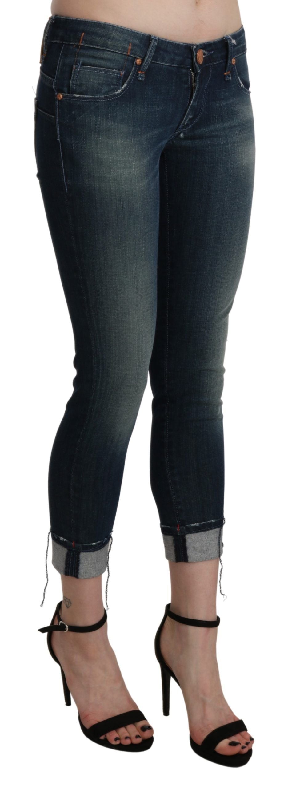Pantalon en jean skinny taille haute, coupe courte, effet délavé bleu, Acht.