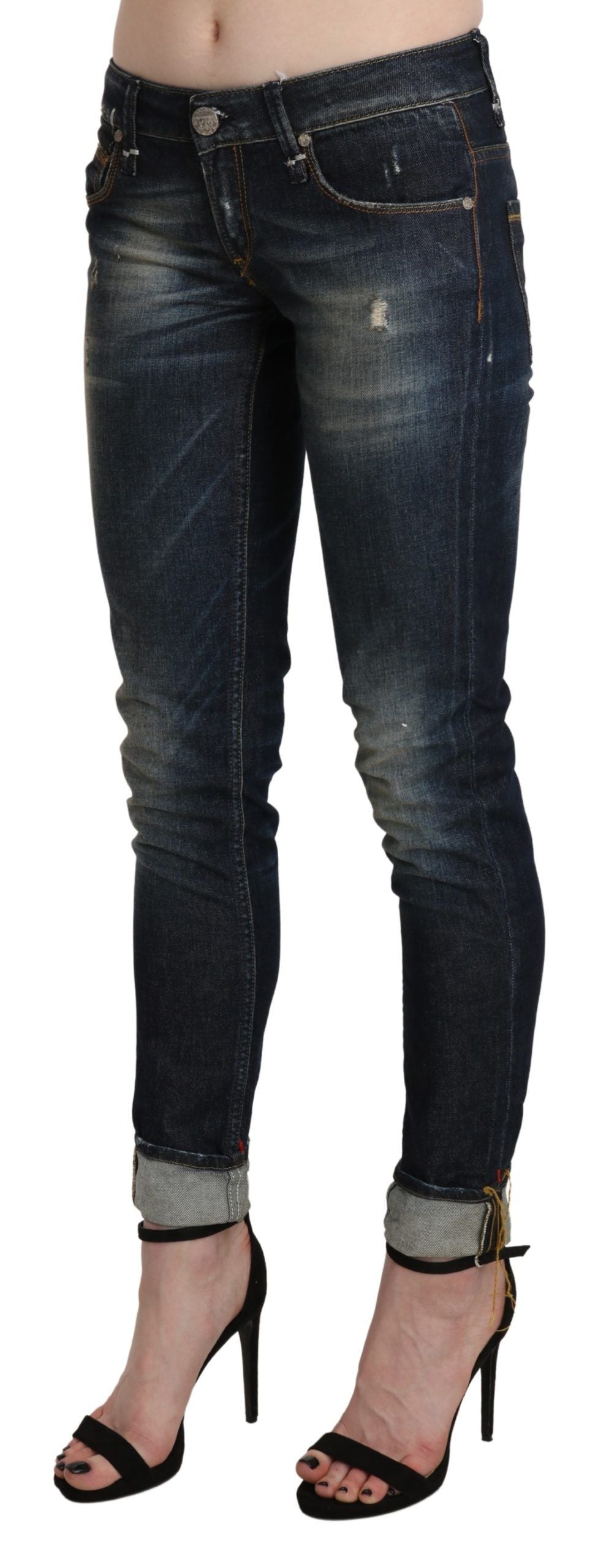 Pantalon en jean skinny taille haute, longueur 7/8, effet délavé bleu, Acht.