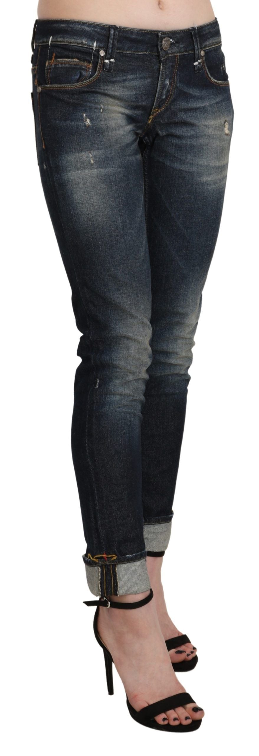 Pantalon en jean skinny taille haute, longueur 7/8, effet délavé bleu, Acht.