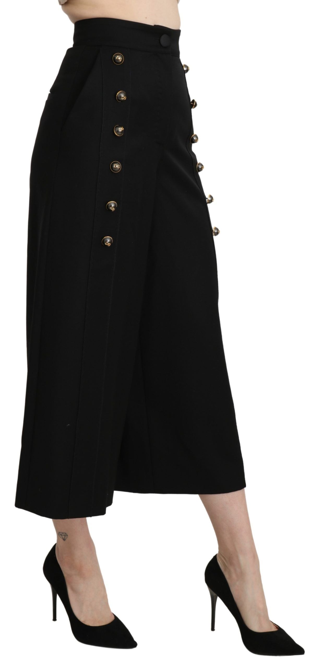 Pantalon Cropped en Laine à Pieds Large Noir de Dolce & Gabbana