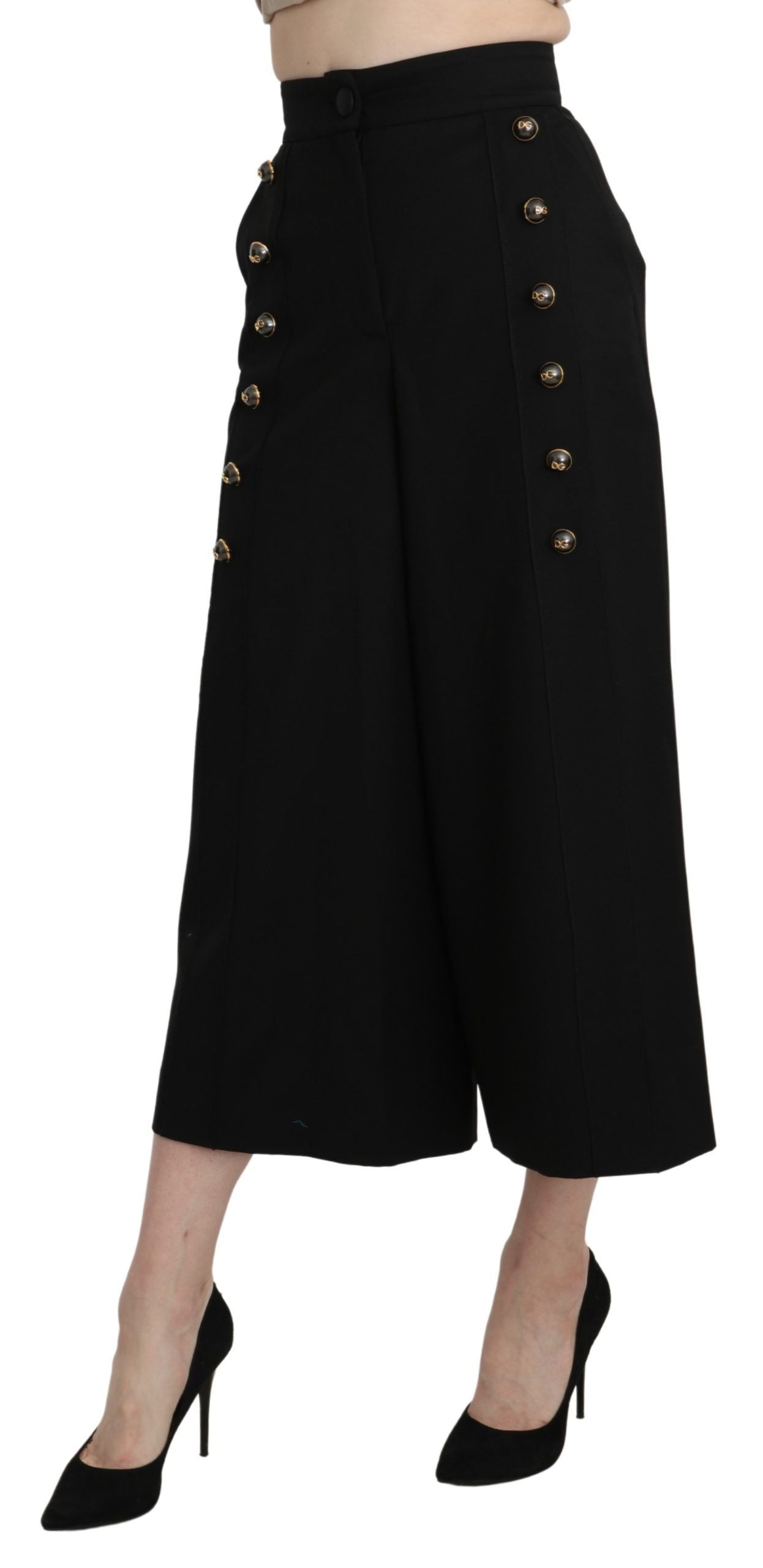 Pantalon Cropped en Laine à Pieds Large Noir de Dolce & Gabbana