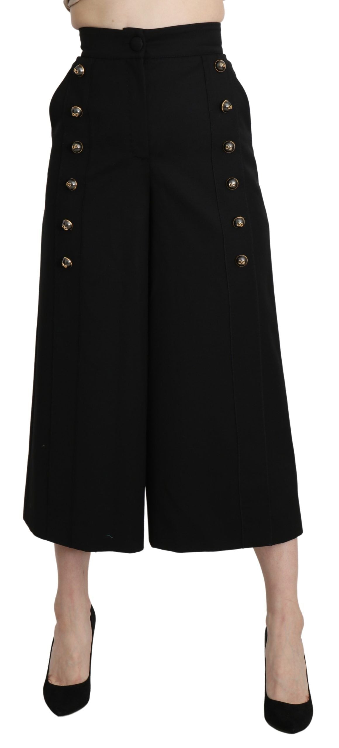 Pantalon Cropped en Laine à Pieds Large Noir de Dolce & Gabbana