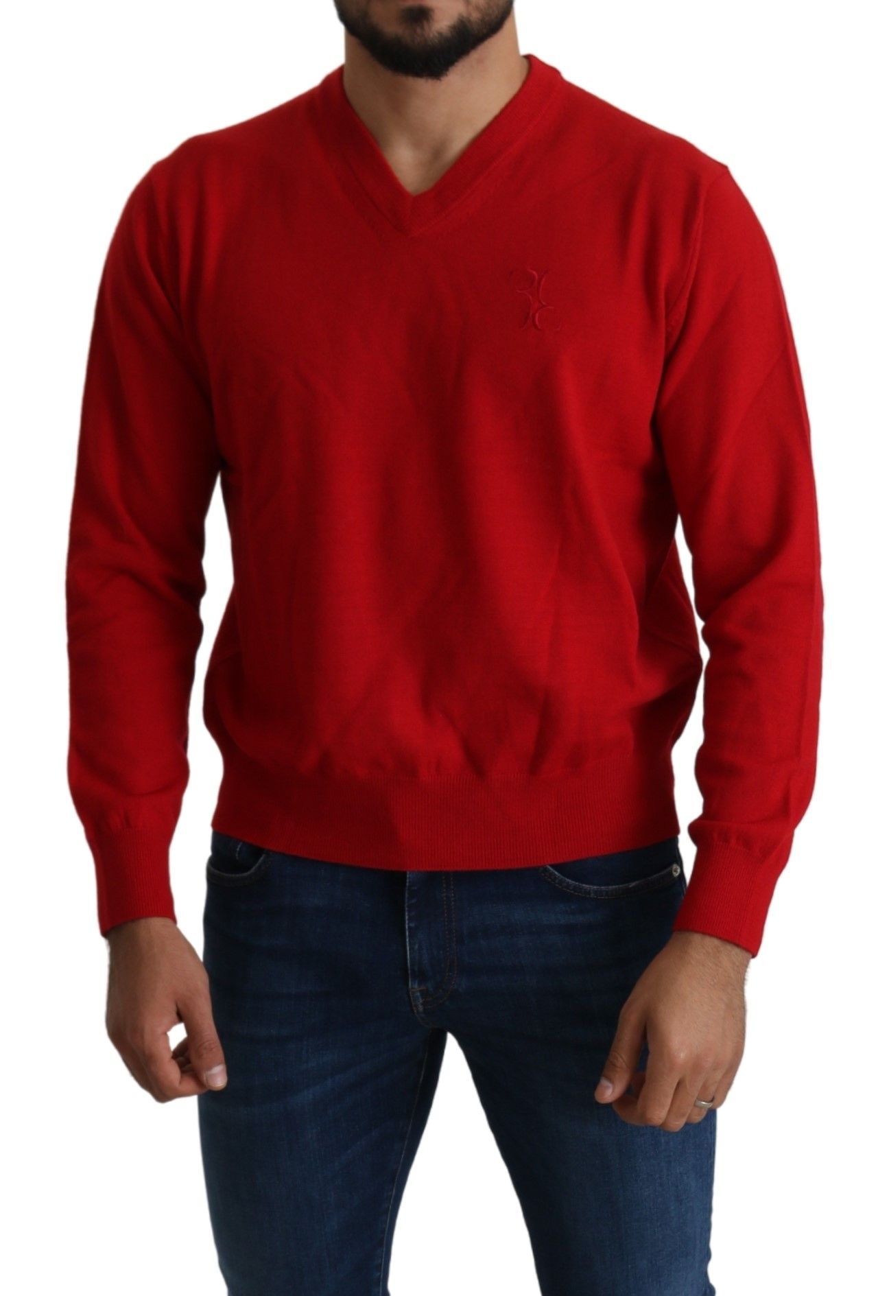 Pull en laine rouge à col en V, style Billionaire Italian Couture.