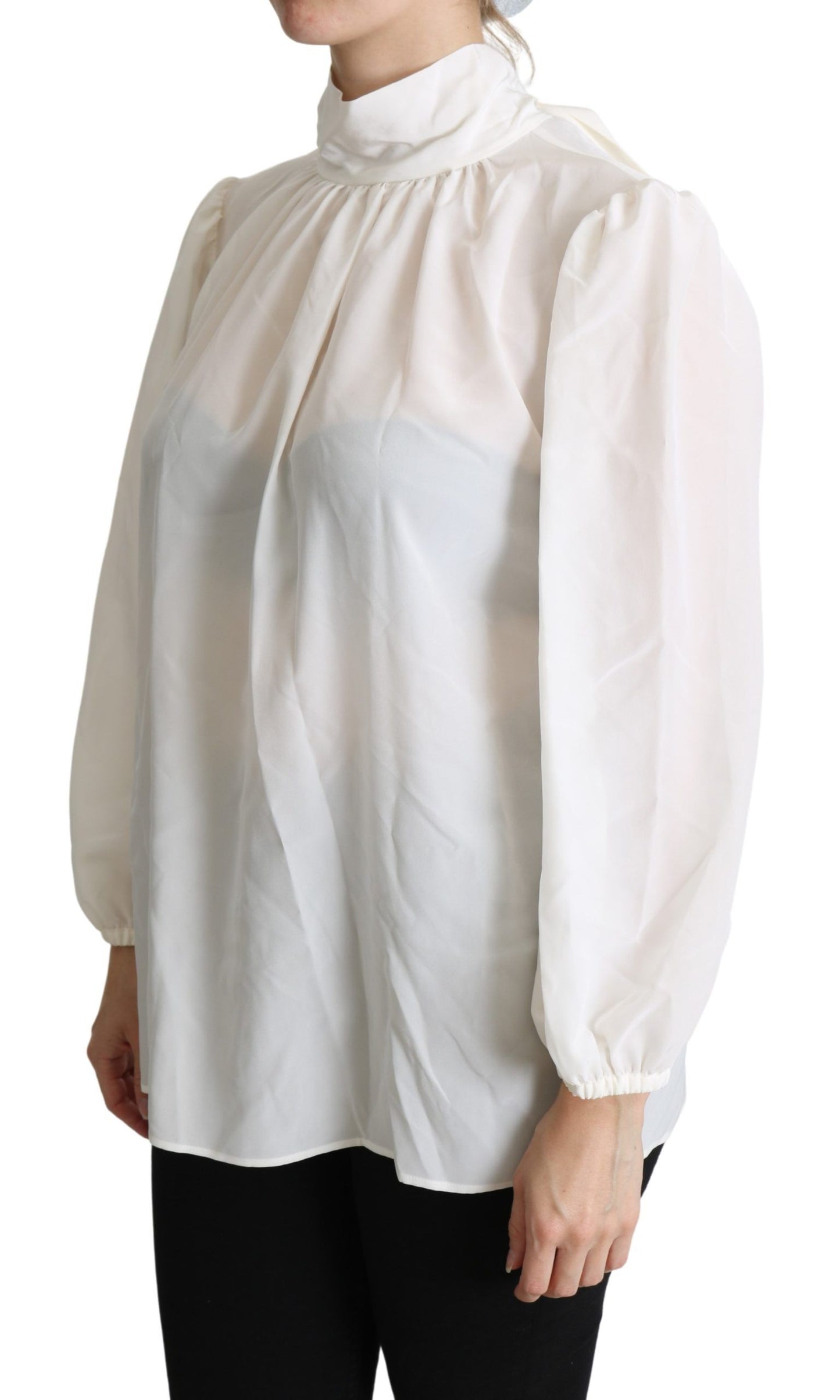 Blouse à manches longues en soie blanche avec nœud à la taille de Dolce & Gabbana