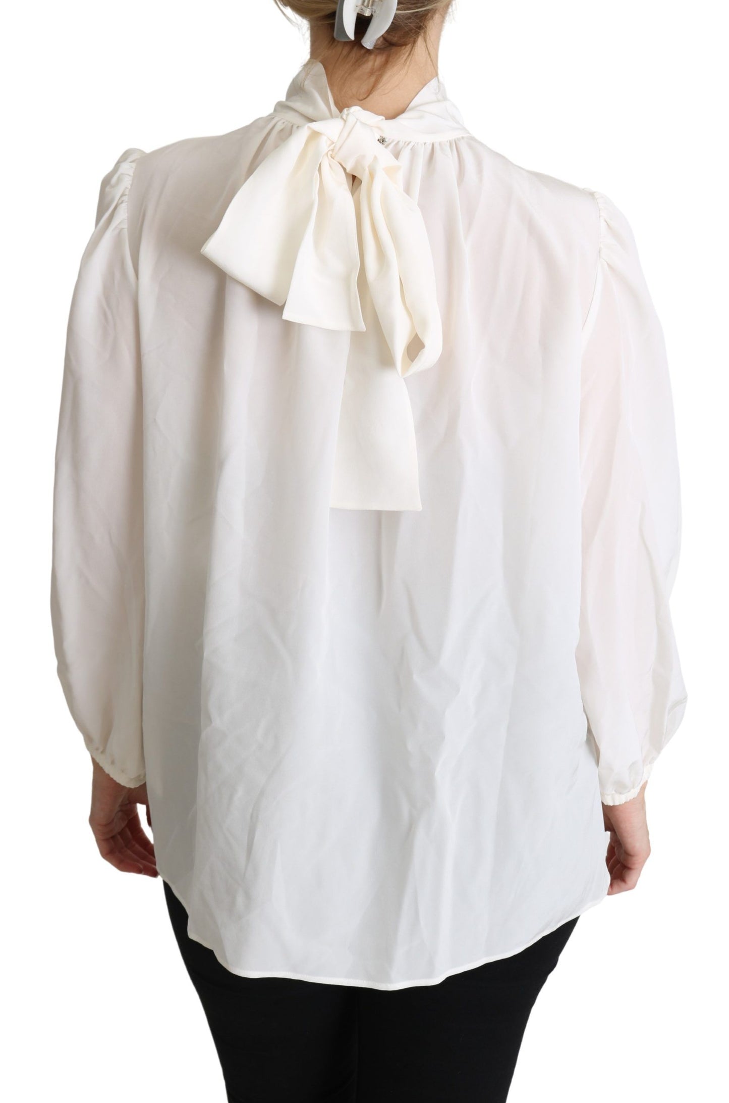 Blouse à manches longues en soie blanche avec nœud à la taille de Dolce & Gabbana