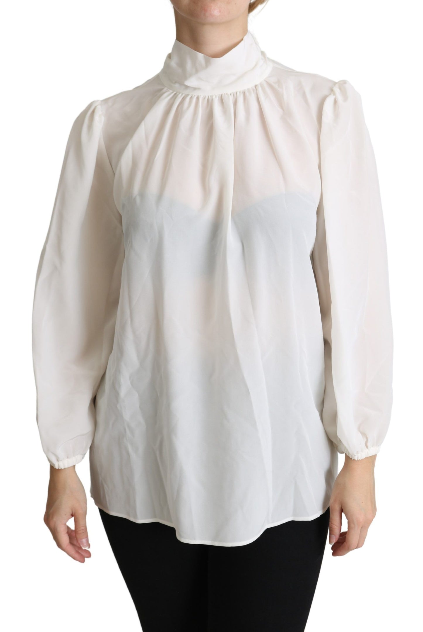 Blouse à manches longues en soie blanche avec nœud à la taille de Dolce & Gabbana