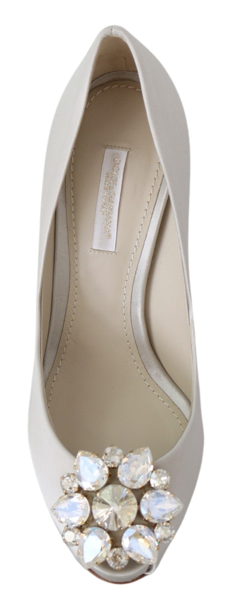 Escarpins en satin à bout ouvert et talons ornés de cristaux blancs Dolce & Gabbana