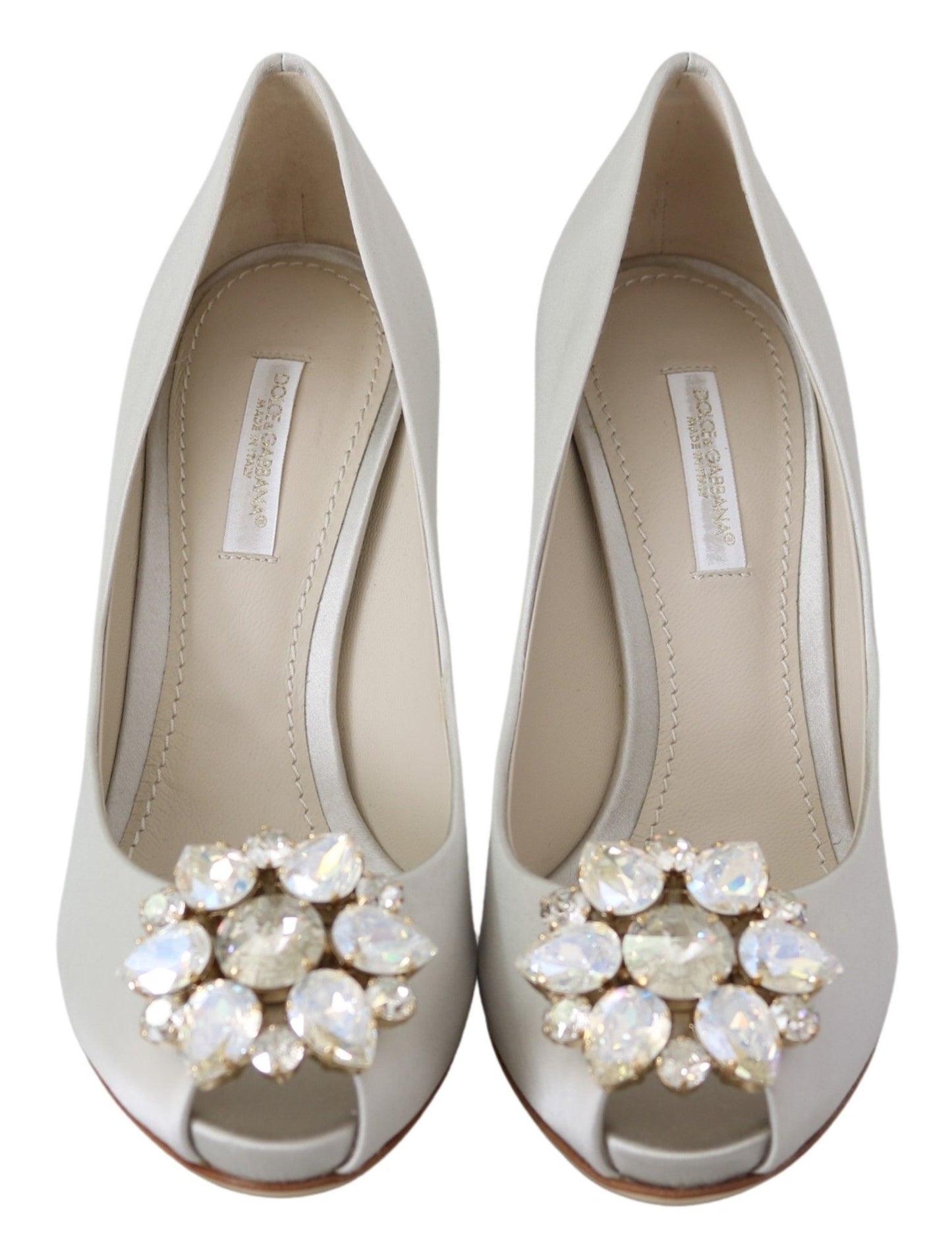 Escarpins en satin à bout ouvert et talons ornés de cristaux blancs Dolce & Gabbana