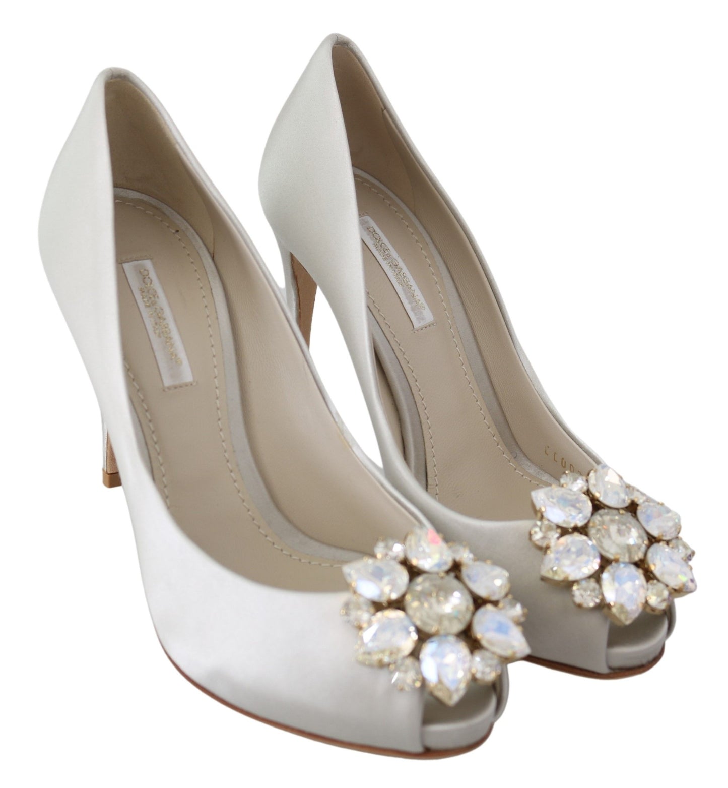 Escarpins en satin à bout ouvert et talons ornés de cristaux blancs Dolce & Gabbana
