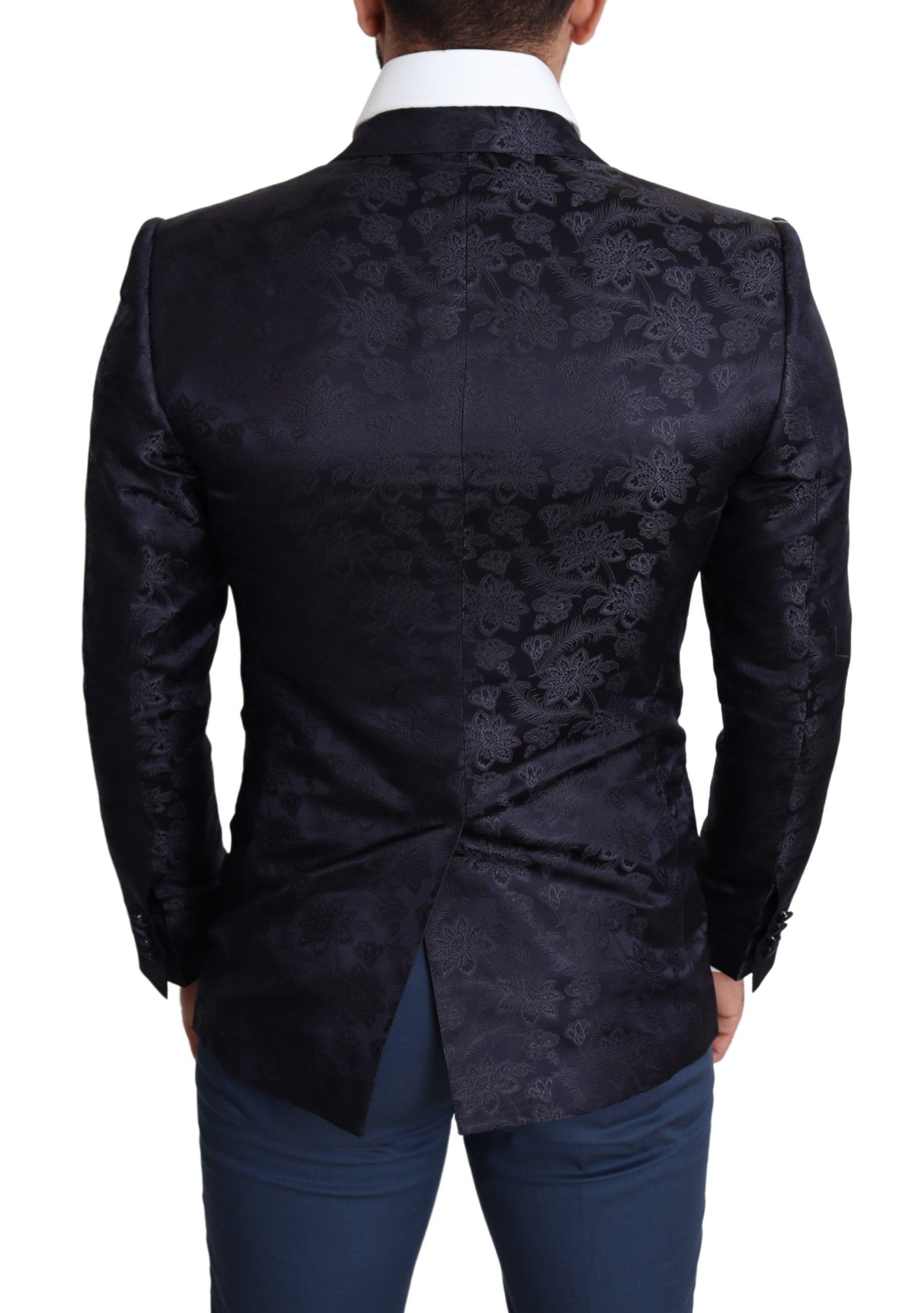 Dolce & Gabbana, manteau en soie jacquard bleu à motifs floraux, veste MARTINI.