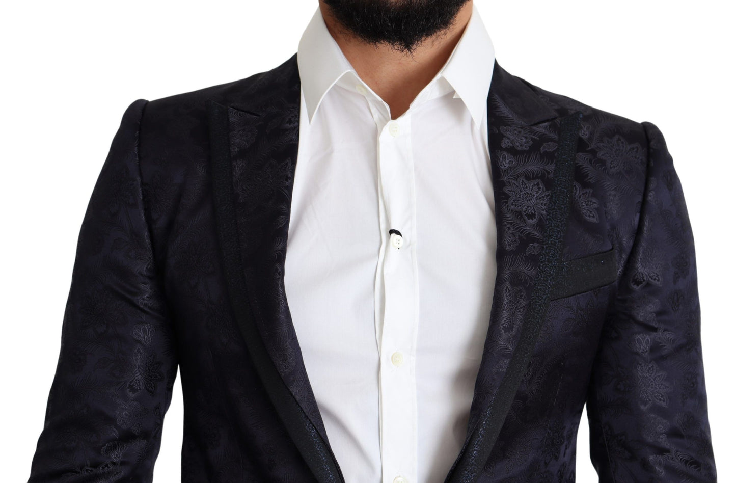 Dolce & Gabbana, manteau en soie jacquard bleu à motifs floraux, veste MARTINI.