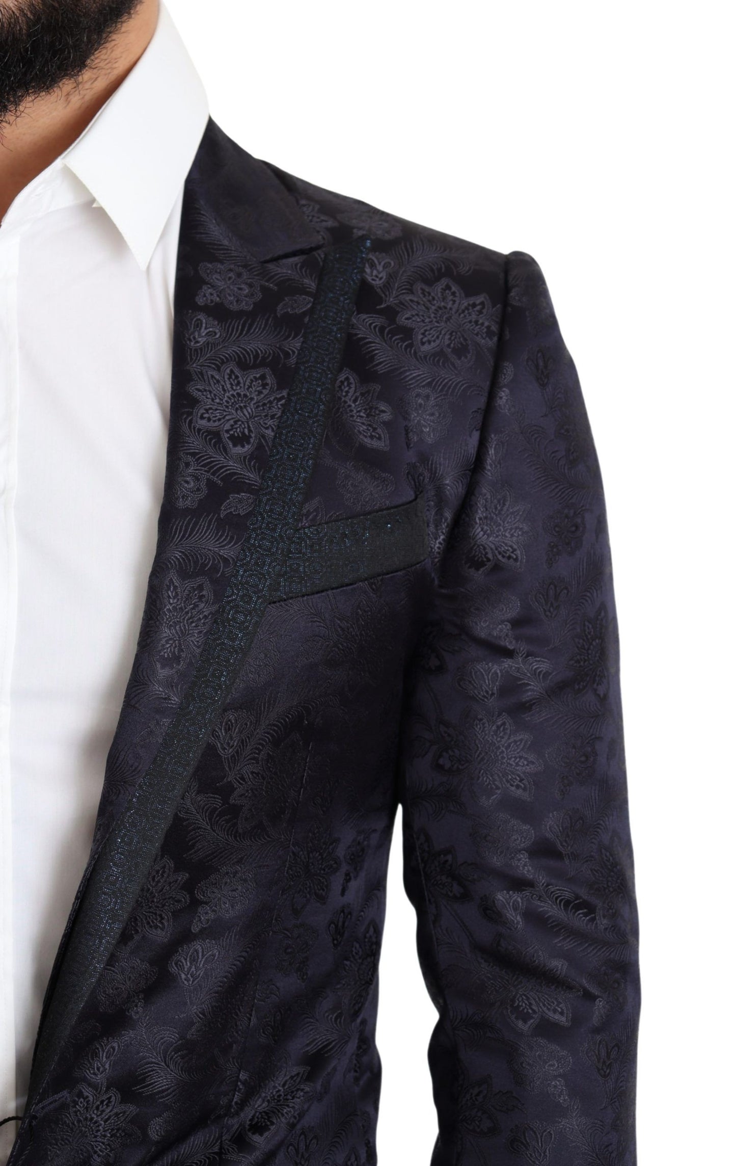 Dolce & Gabbana, manteau en soie jacquard bleu à motifs floraux, veste MARTINI.