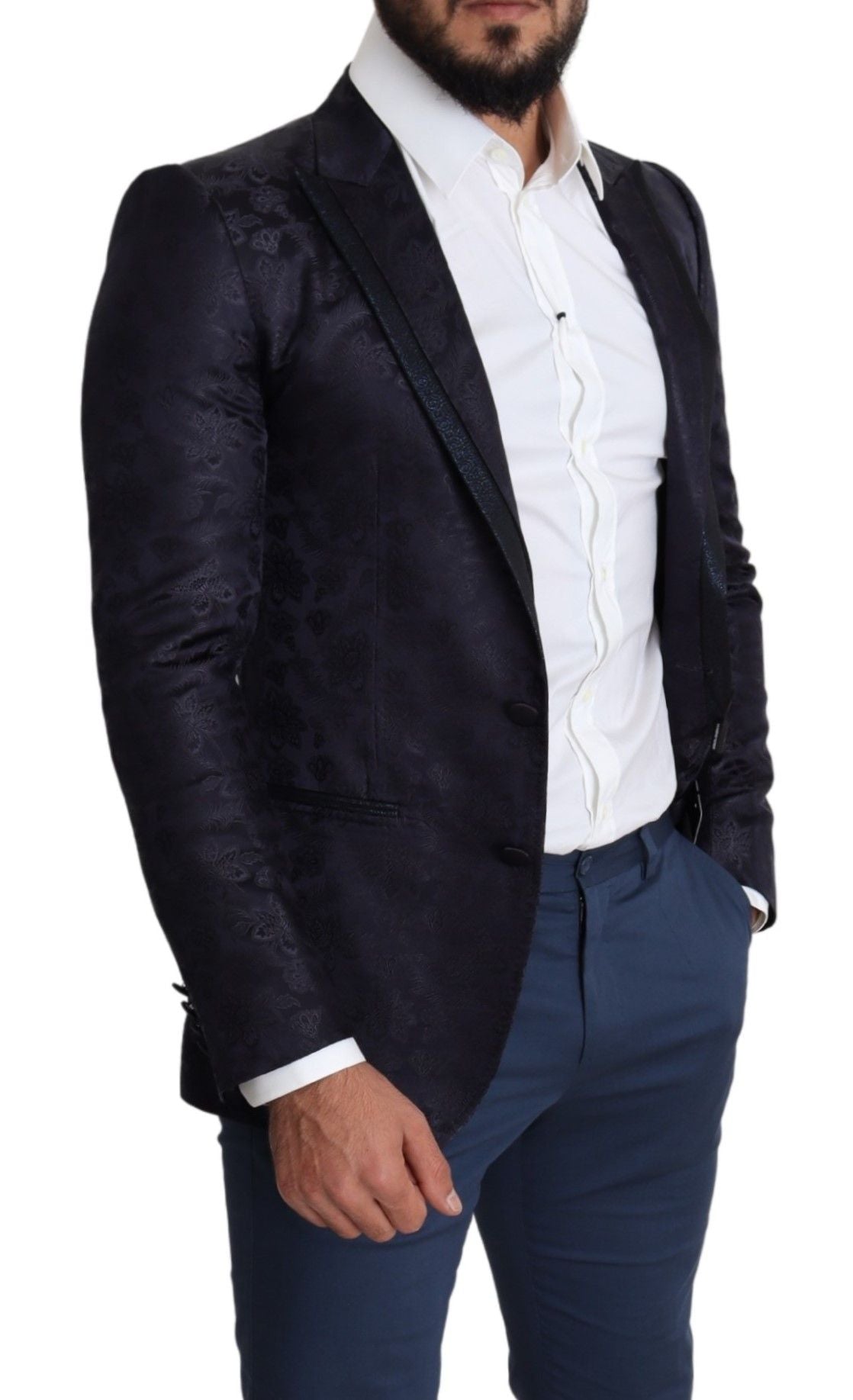 Dolce & Gabbana, manteau en soie jacquard bleu à motifs floraux, veste MARTINI.