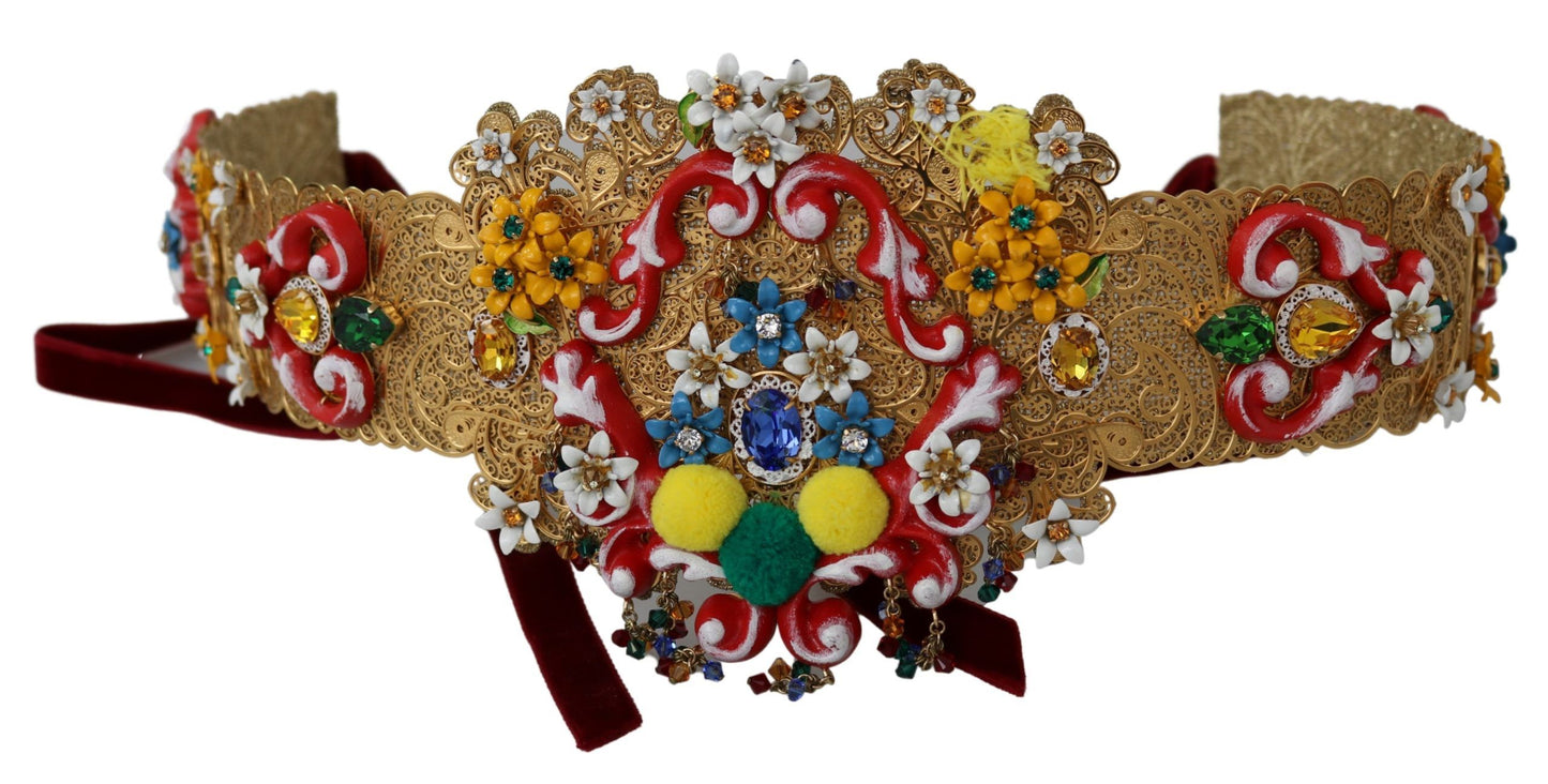 Dolce & Gabbana Versierde Bloemen Kristal Brede Taille Gouden Riem
