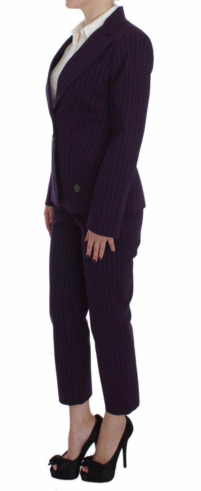 Ensemble tailleur-pantalon BENCIVENGA, veste et pantalon à rayures violettes, extensible.