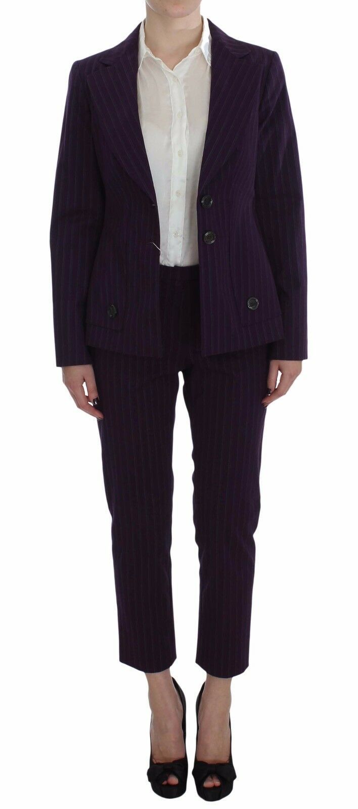 Ensemble tailleur-pantalon BENCIVENGA, veste et pantalon à rayures violettes, extensible.