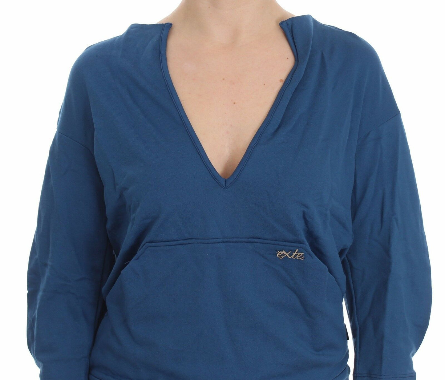Pull en coton bleu Exte, col en V profond, pour femme.