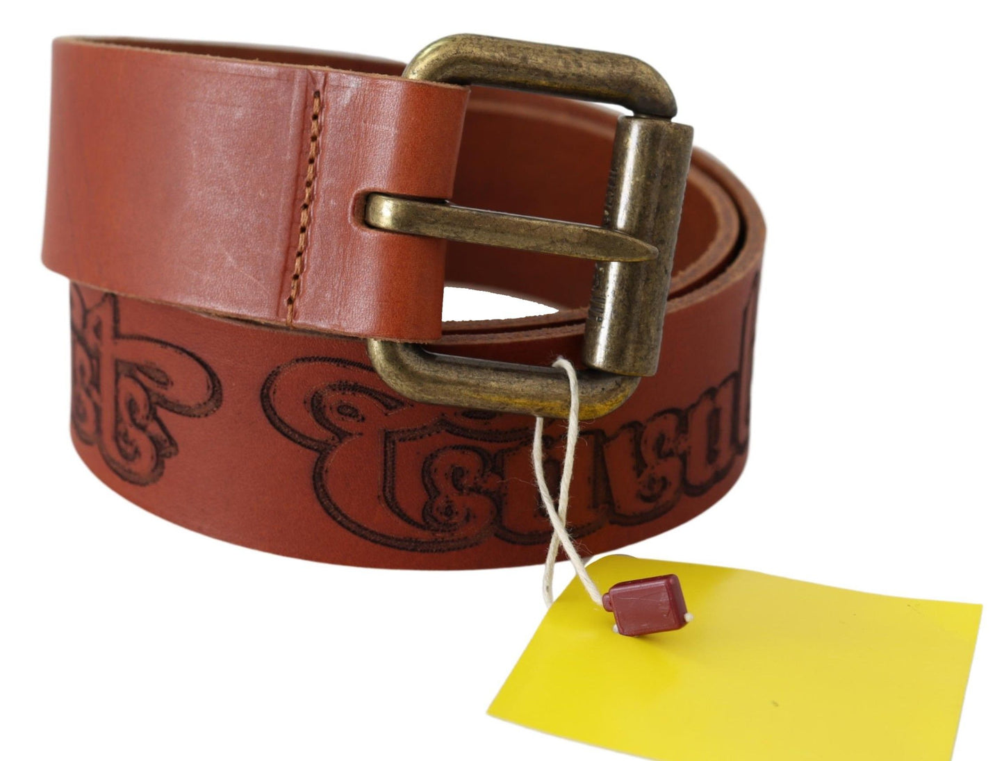Just Cavalli Bruine Leren Logo Bronzen Rustieke Metalen Gesp Riem