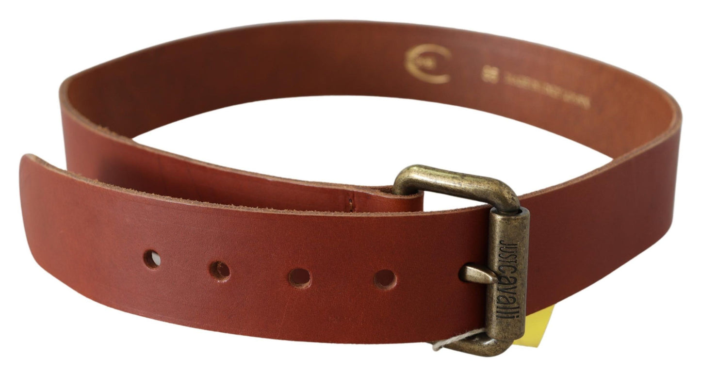 Just Cavalli Bruine Leren Logo Bronzen Rustieke Metalen Gesp Riem
