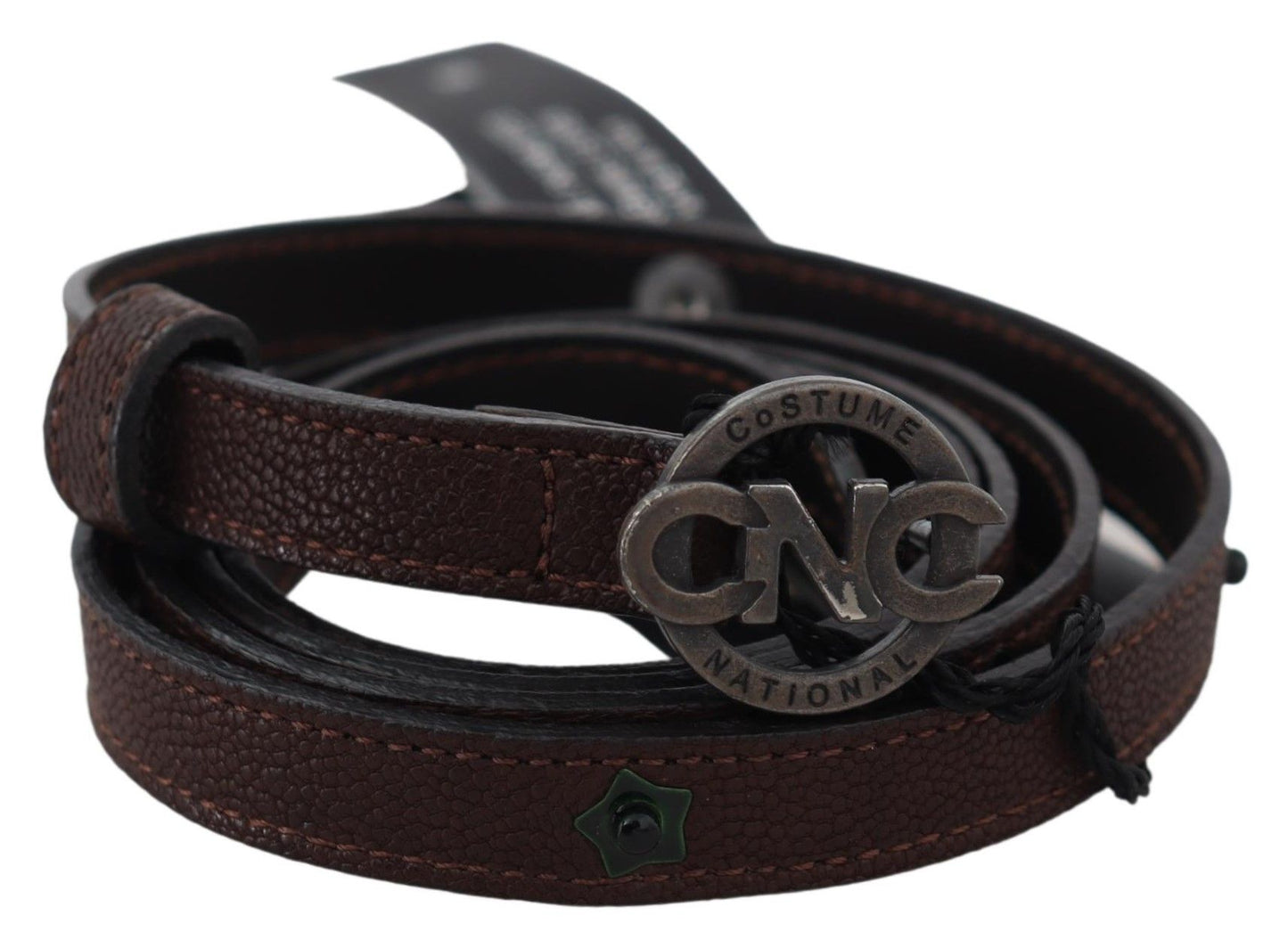 Kostuum Nationaal Bruine Skinny Leren Ronde Logo Gesp Riem