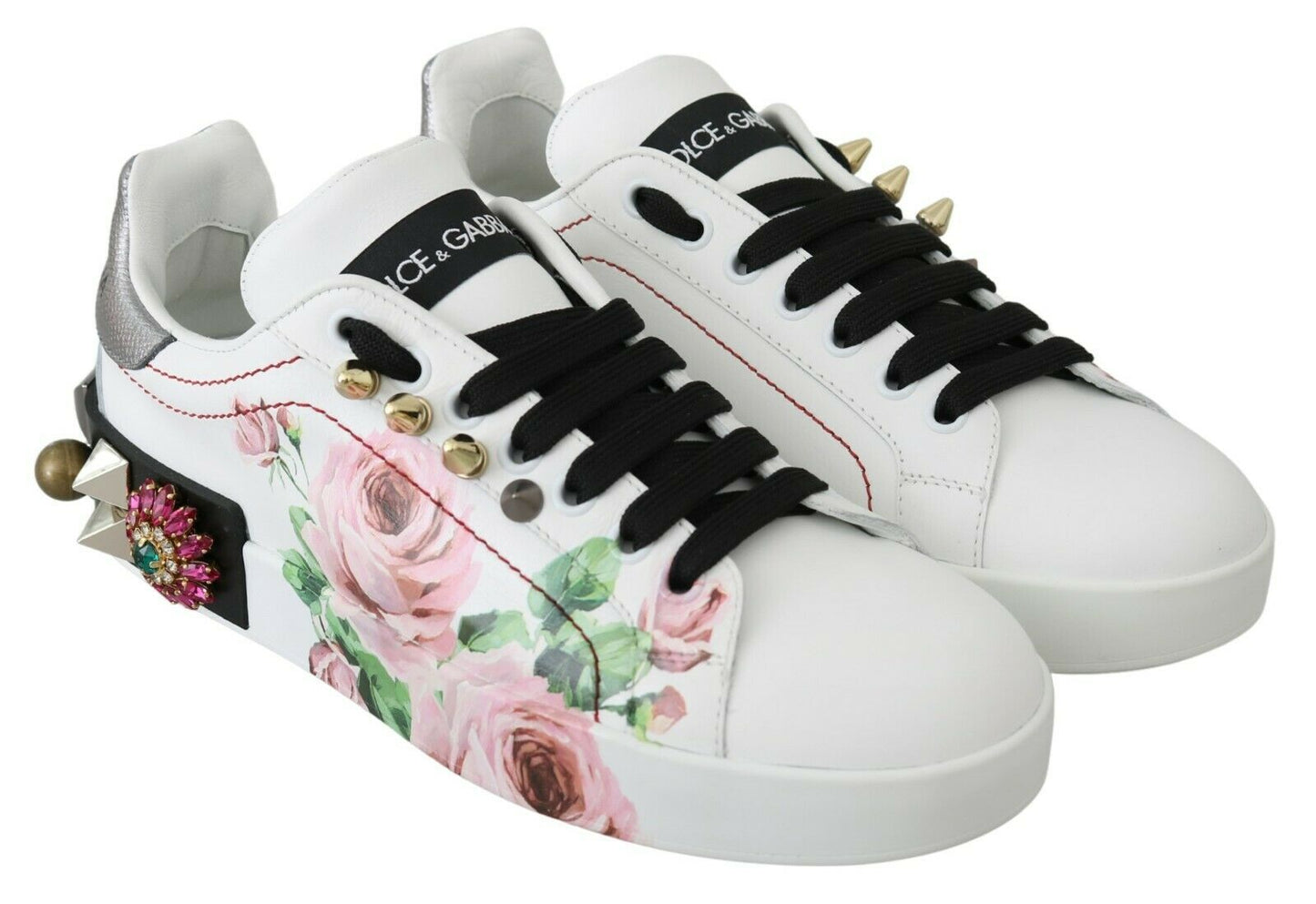 Sneakers en cuir blanc à fleurs et roses en cristal de Dolce & Gabbana