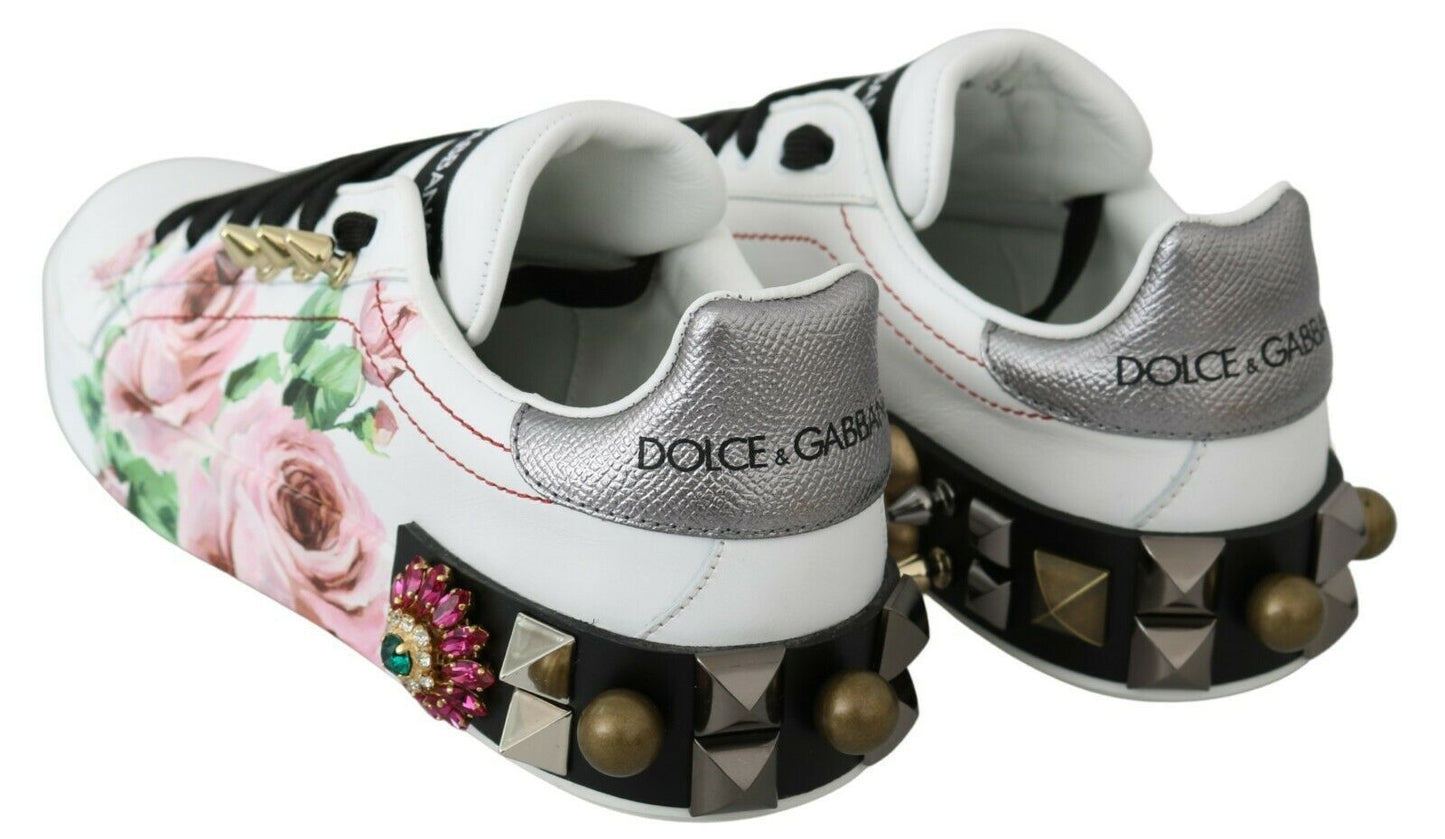 Sneakers en cuir blanc à fleurs et roses en cristal de Dolce & Gabbana