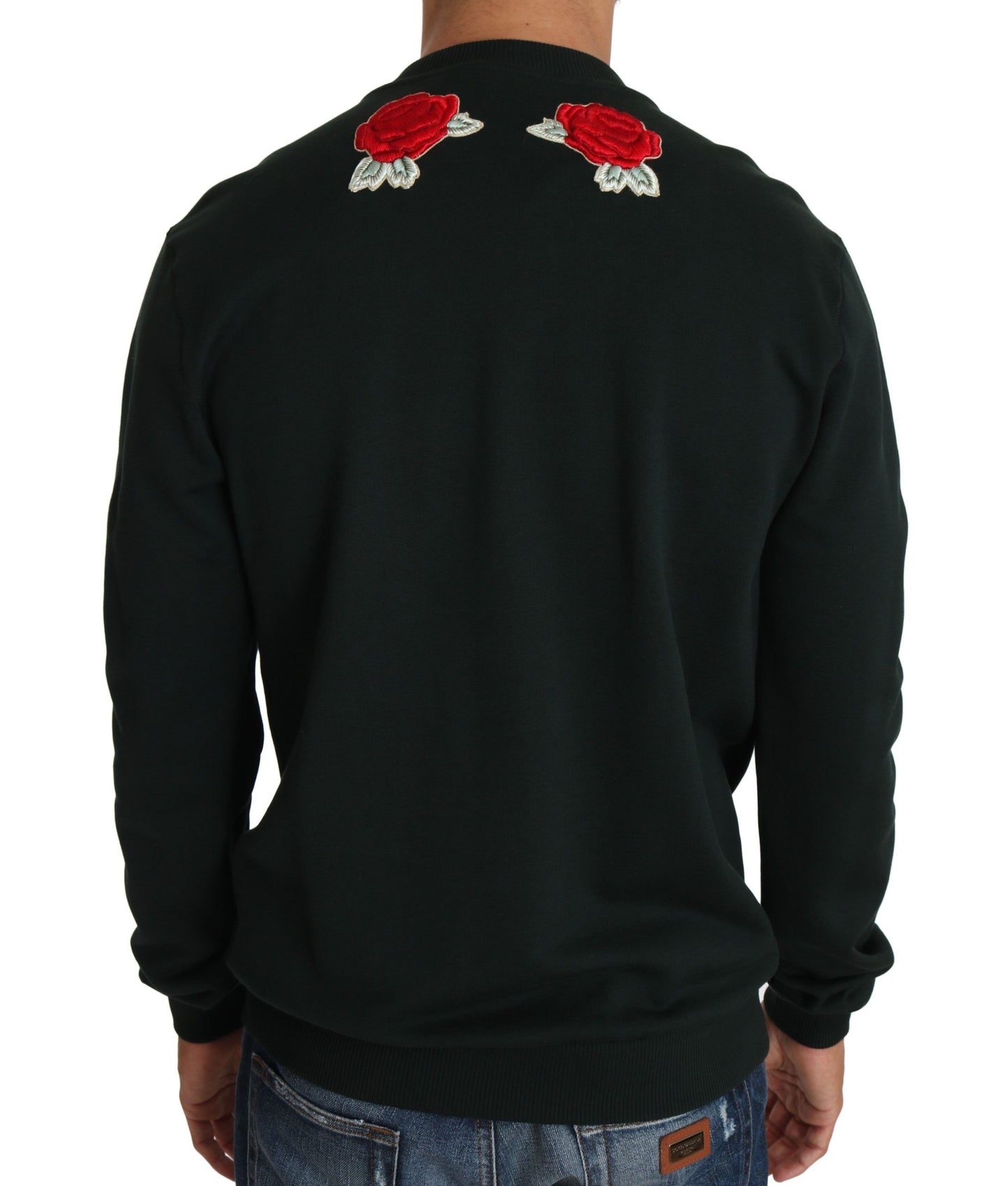 Pull en jersey à motifs roses et cristaux verts en forme de cœur de Dolce & Gabbana