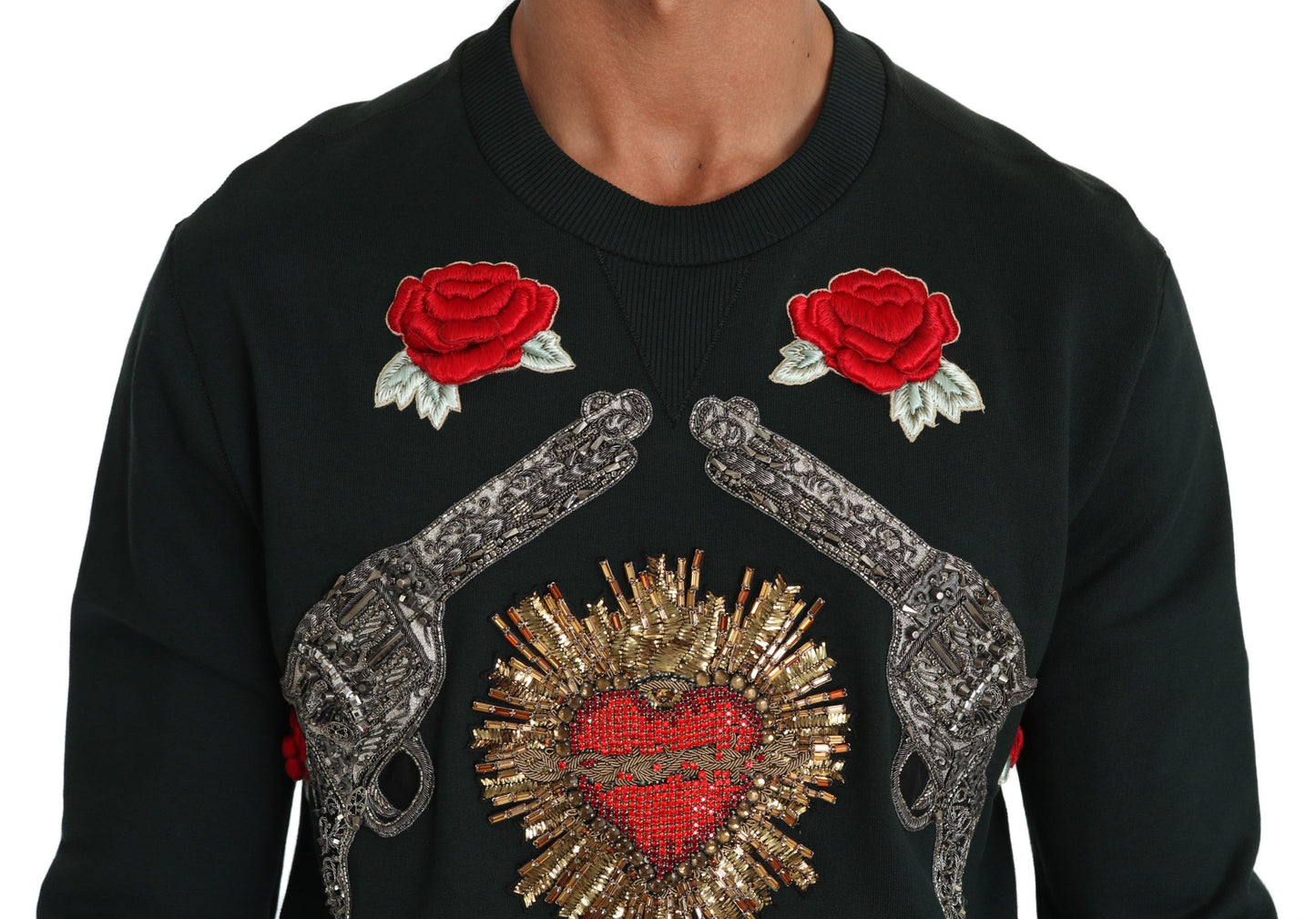 Pull en jersey à motifs roses et cristaux verts en forme de cœur de Dolce & Gabbana