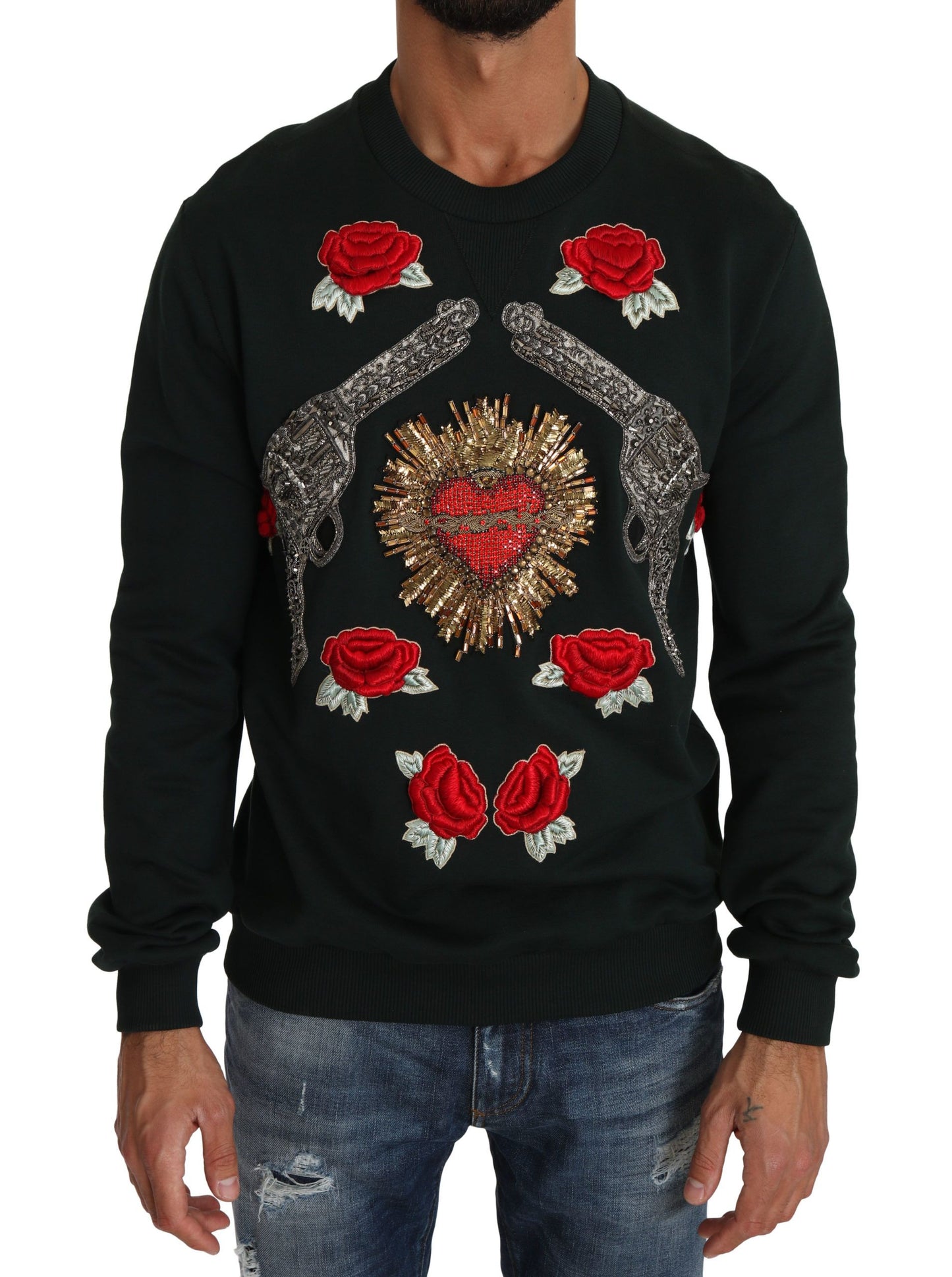 Pull en jersey à motifs roses et cristaux verts en forme de cœur de Dolce & Gabbana