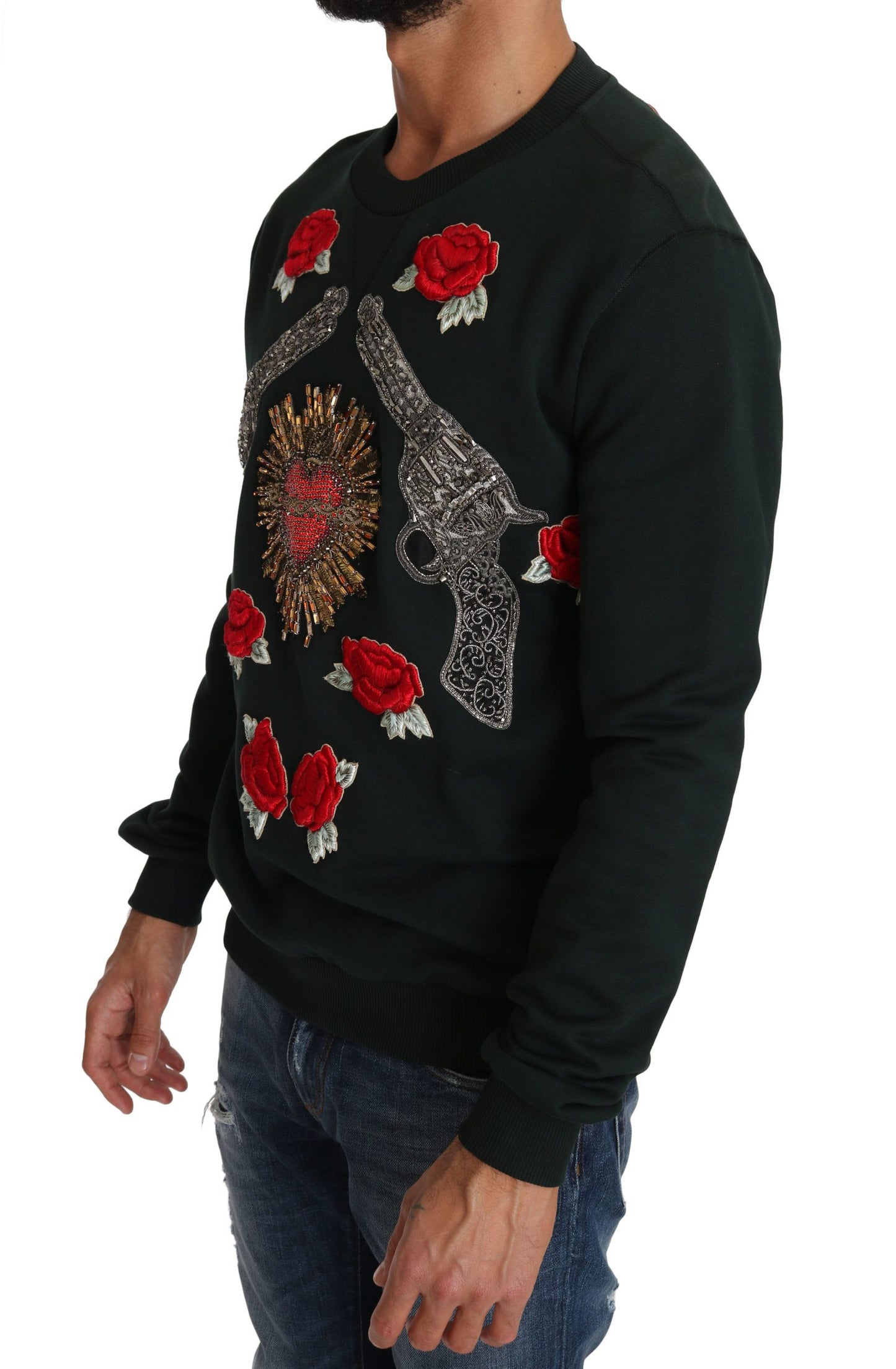 Pull en jersey à motifs roses et cristaux verts en forme de cœur de Dolce & Gabbana
