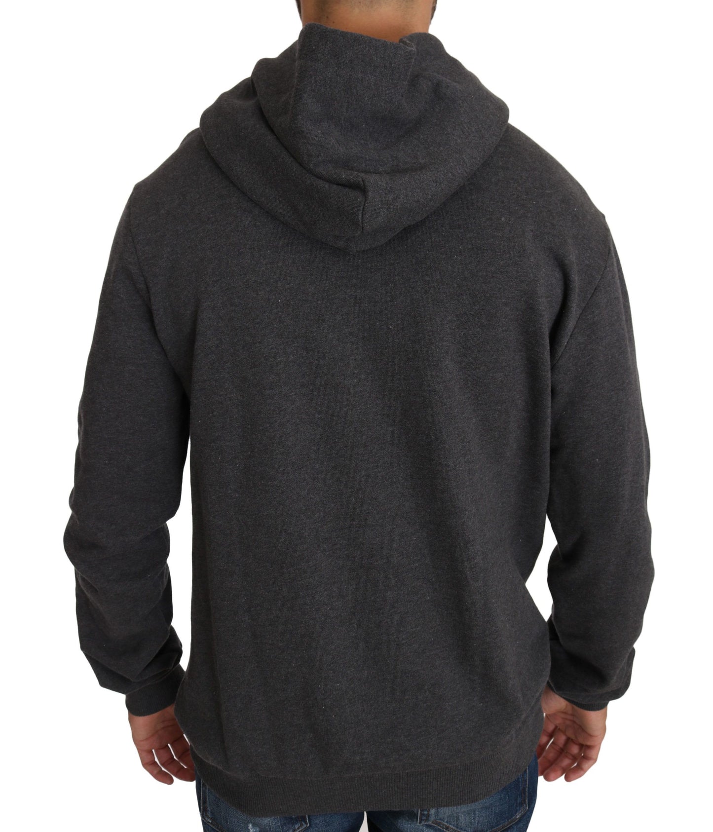 Pull gris à capuche Dolce & Gabbana avec cœur rouge en cristal et motif pistolet.