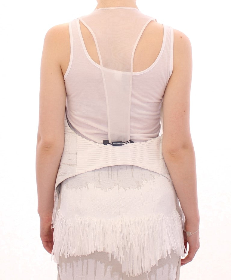 Veste gilet sans manches à dos ouvert avec volants blancs Arzu Kaprol