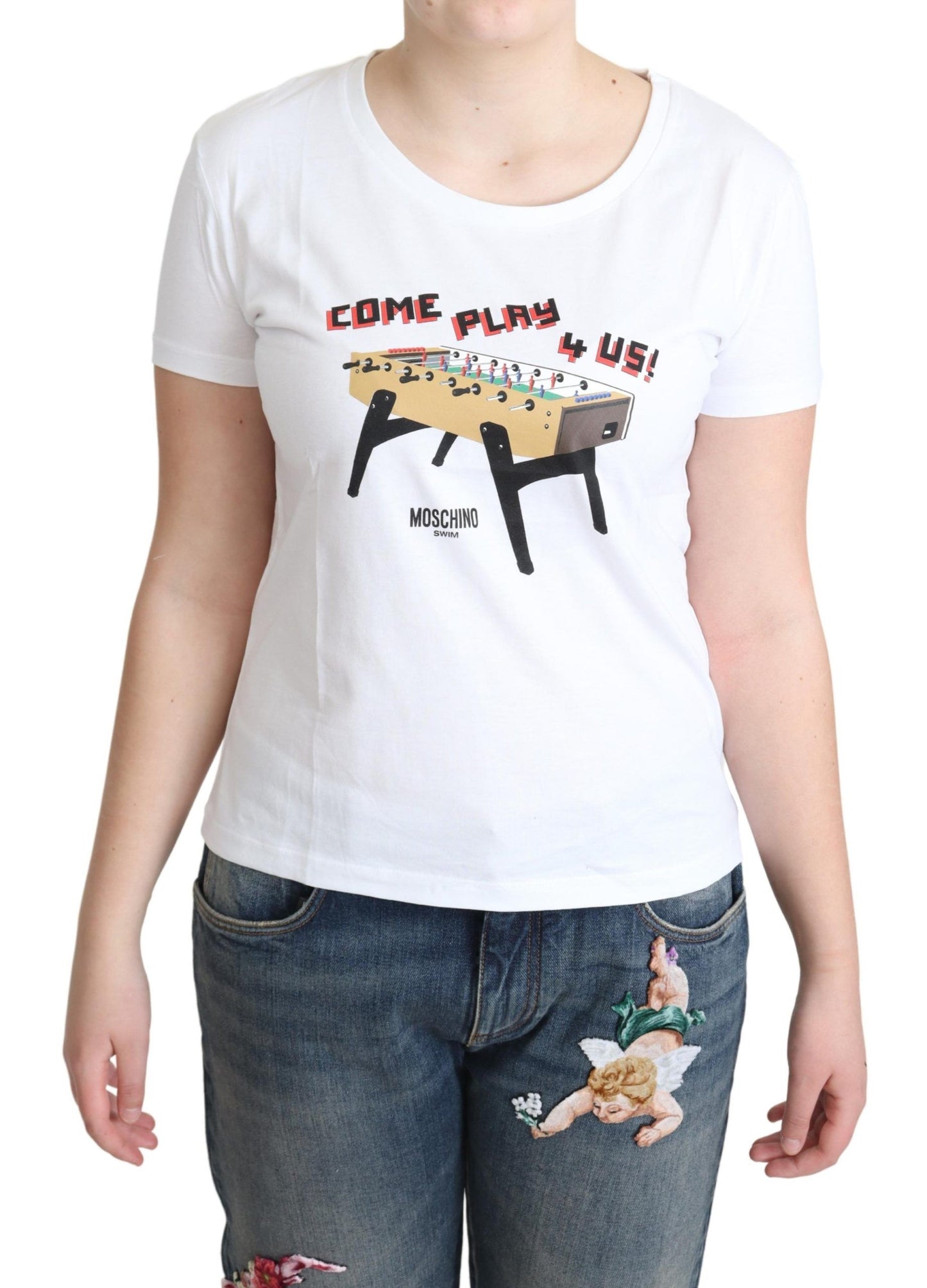 T-shirt Moschino en coton blanc avec imprimé "Come Play 4 Us"