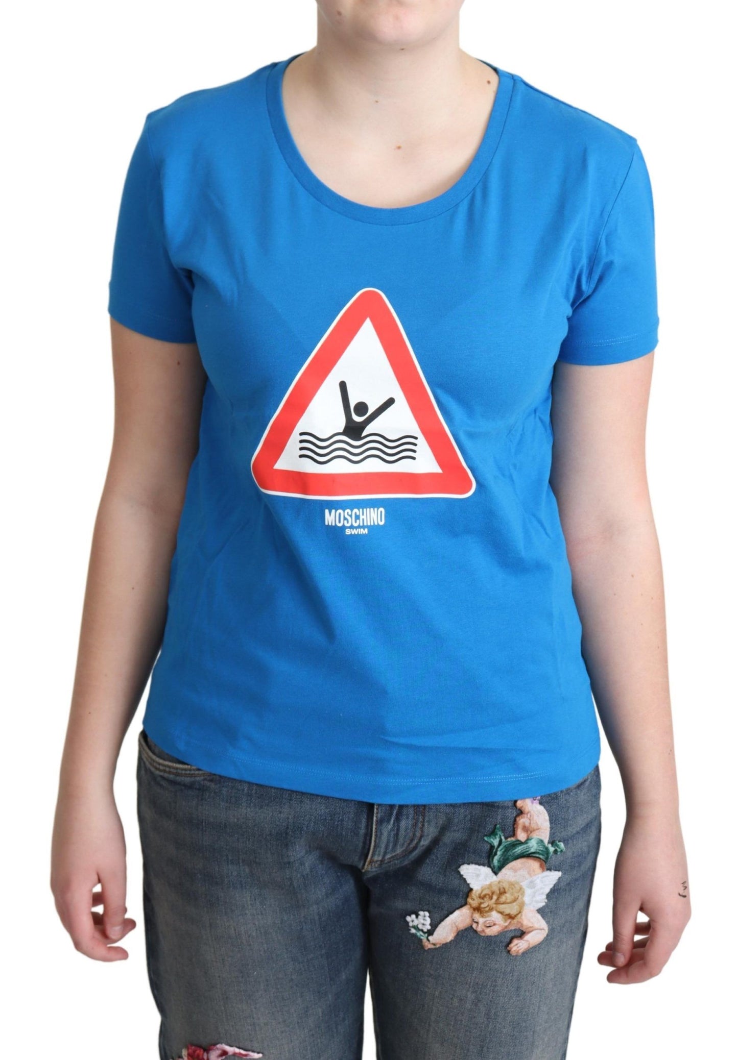 T-shirt graphique triangulaire bleu en coton pour la natation de Moschino