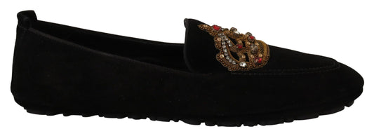 Dolce & Gabbana leren loafers in zwart met kristallen en gouden kroon