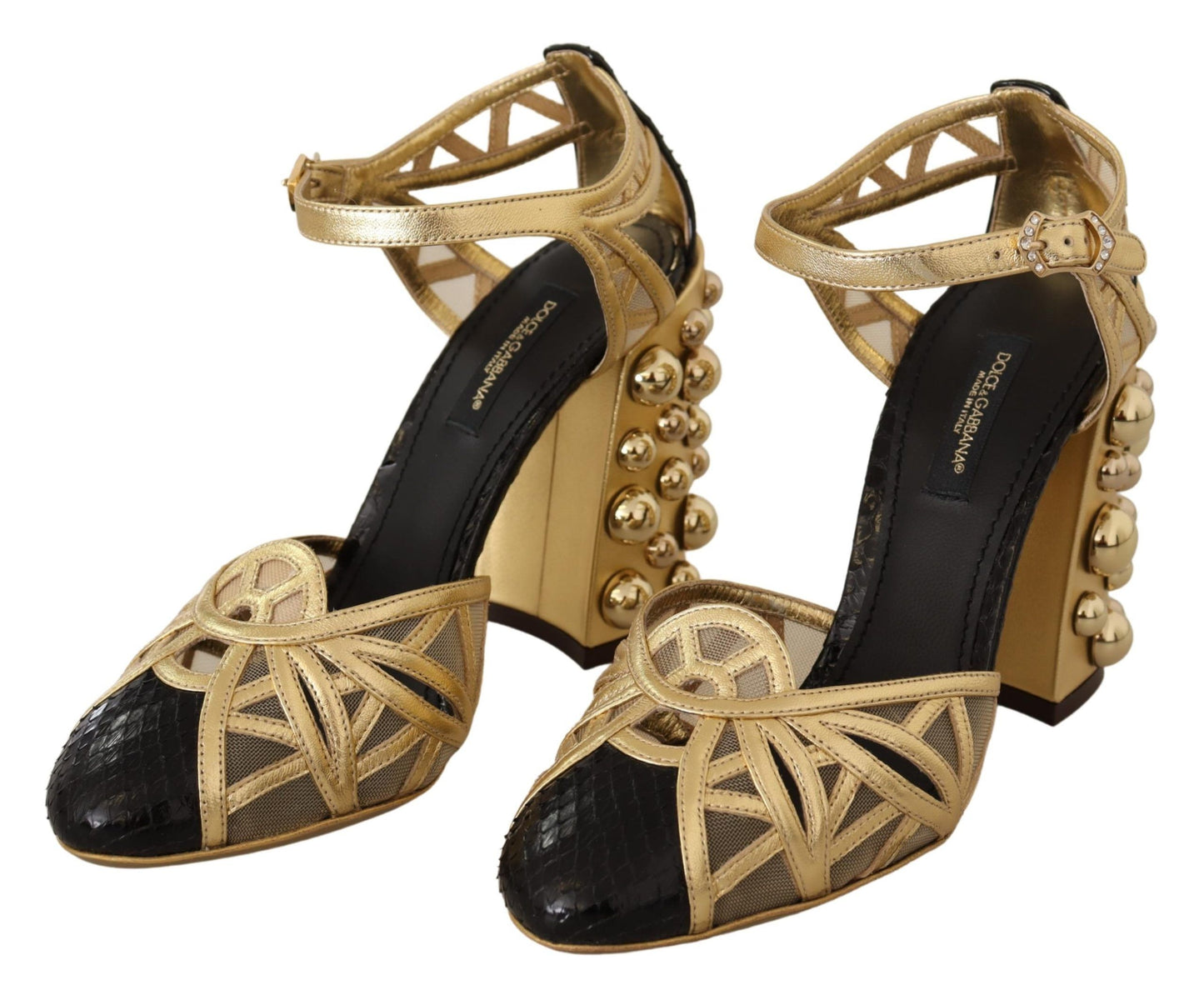 Dolce & Gabbana zwarte leren enkelschoenen met gouden studs en enkelbandjes