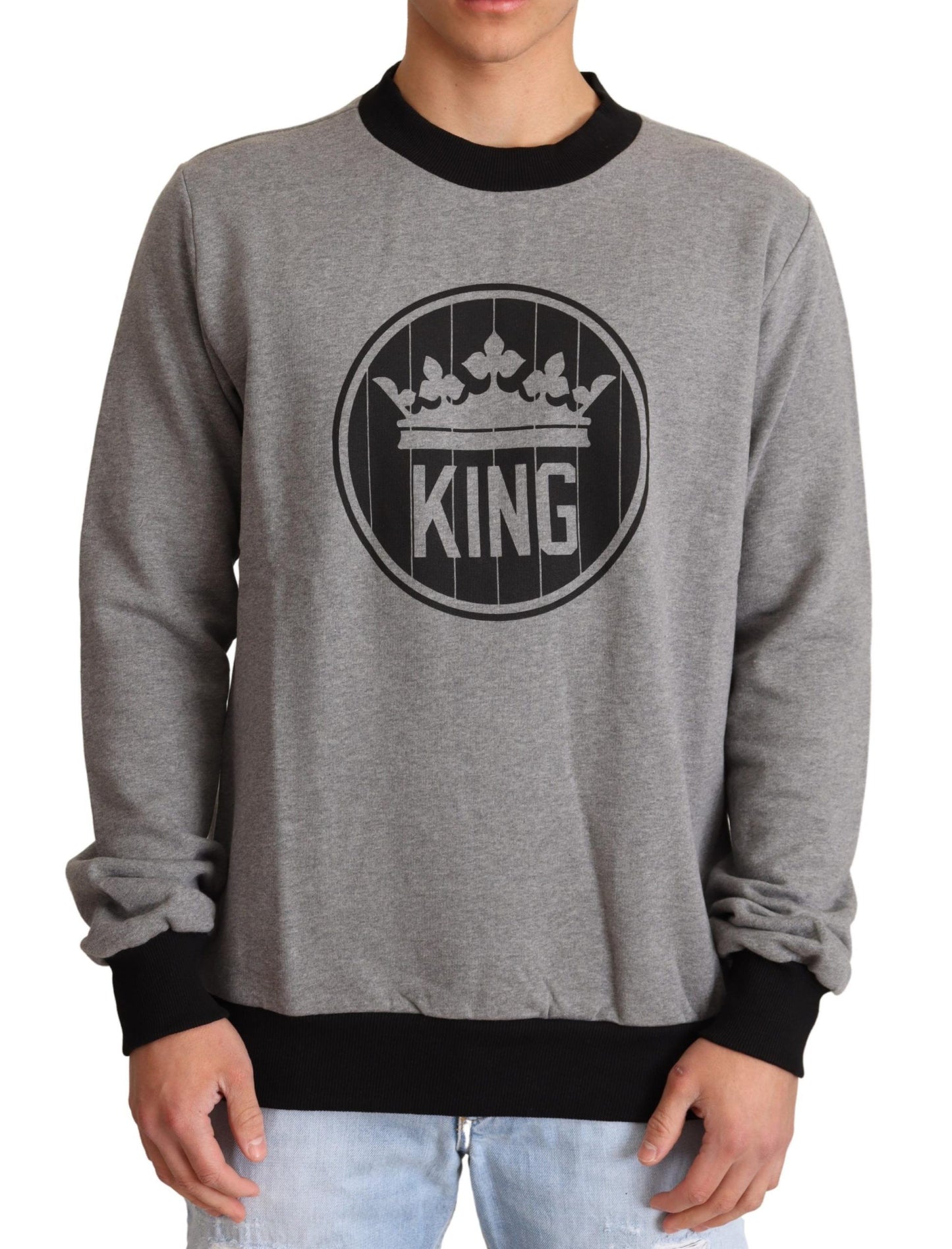 Pull en coton gris à motif couronne et roi de Dolce & Gabbana