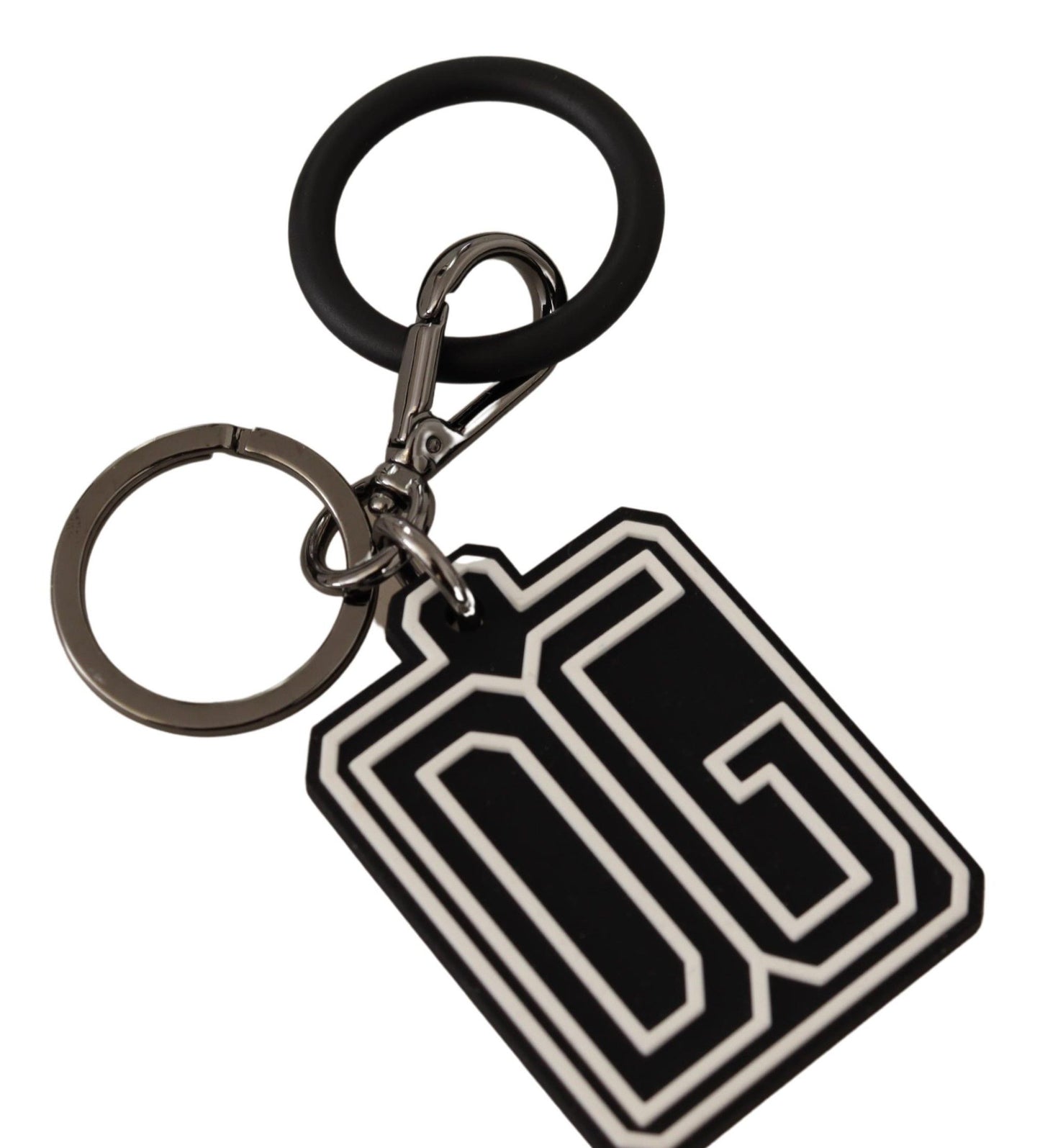 Porte-clés Dolce & Gabbana avec anneau argenté et logo DG en caoutchouc noir et blanc